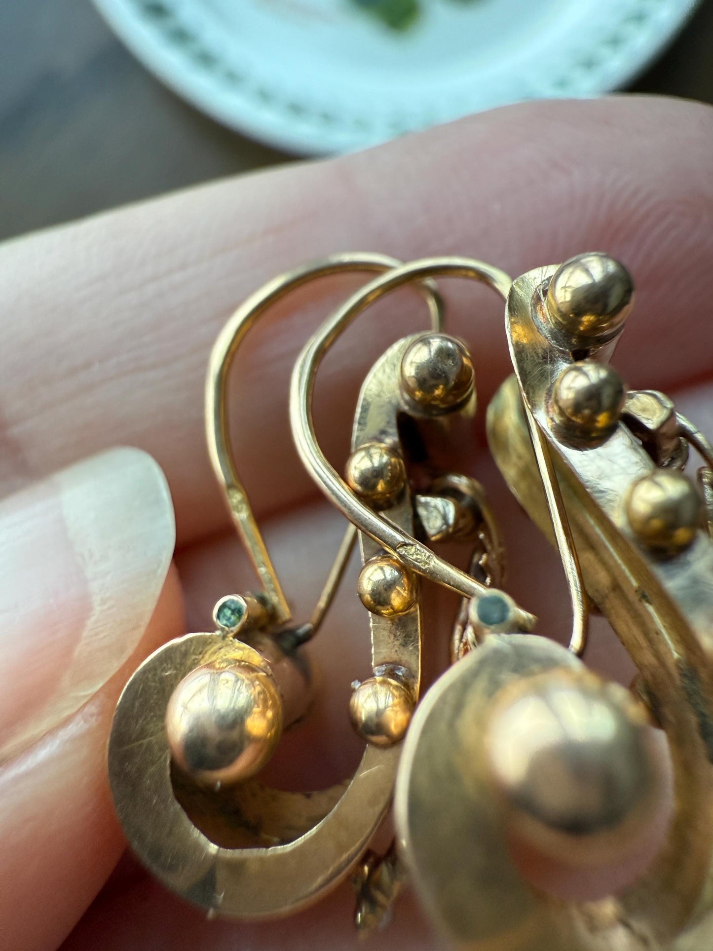 GRAPES Leaf Vine Seed Peral French Regional Antique 18k GOLD Solid Poissarde Dangle EARRINGS Ball Rivet Victorian Etruscan Gift Belle Epoque