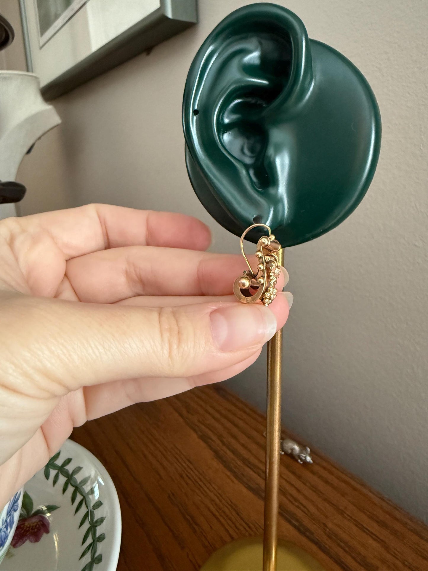 GRAPES Leaf Vine Seed Peral French Regional Antique 18k GOLD Solid Poissarde Dangle EARRINGS Ball Rivet Victorian Etruscan Gift Belle Epoque