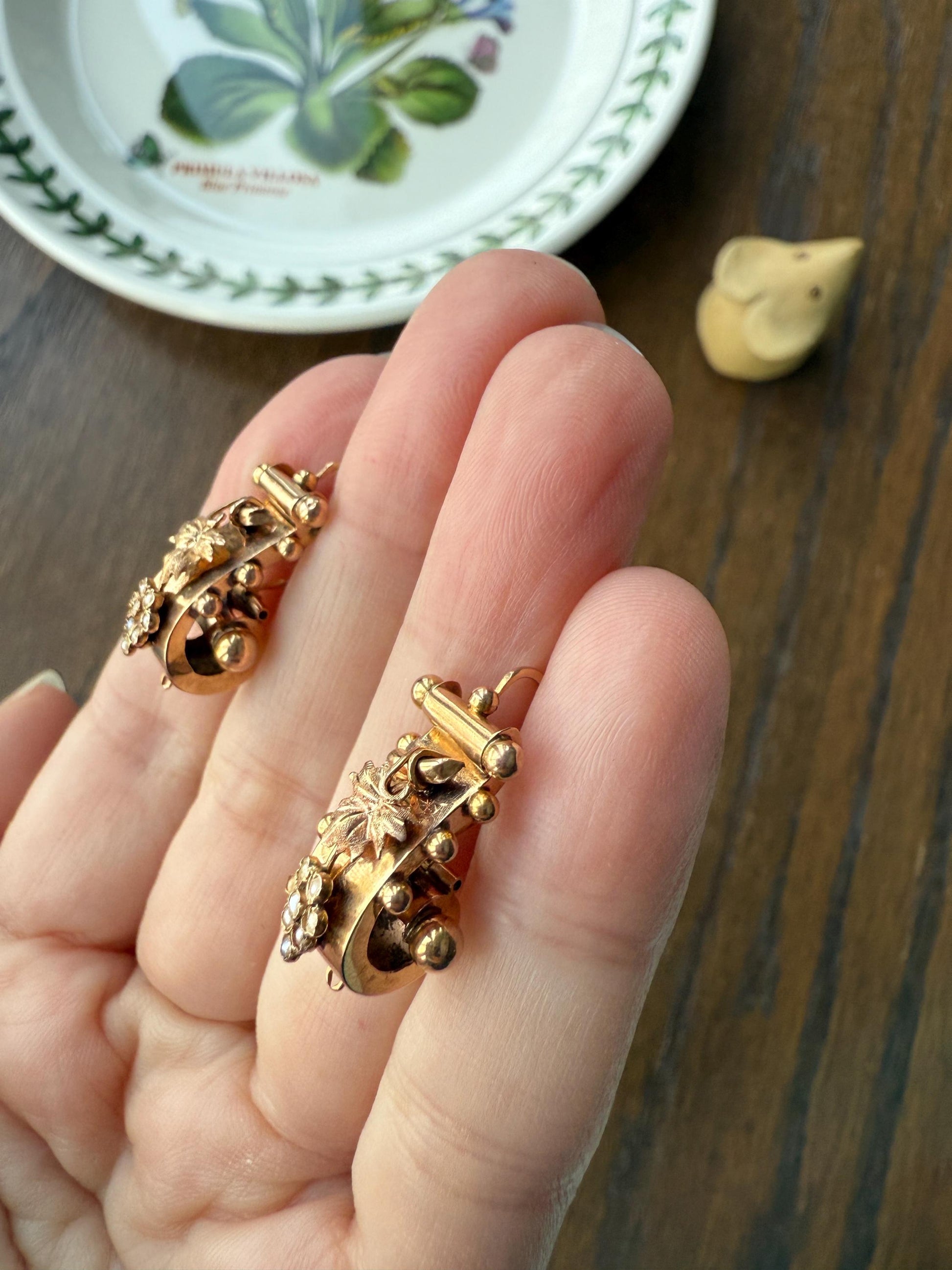 GRAPES Leaf Vine Seed Peral French Regional Antique 18k GOLD Solid Poissarde Dangle EARRINGS Ball Rivet Victorian Etruscan Gift Belle Epoque