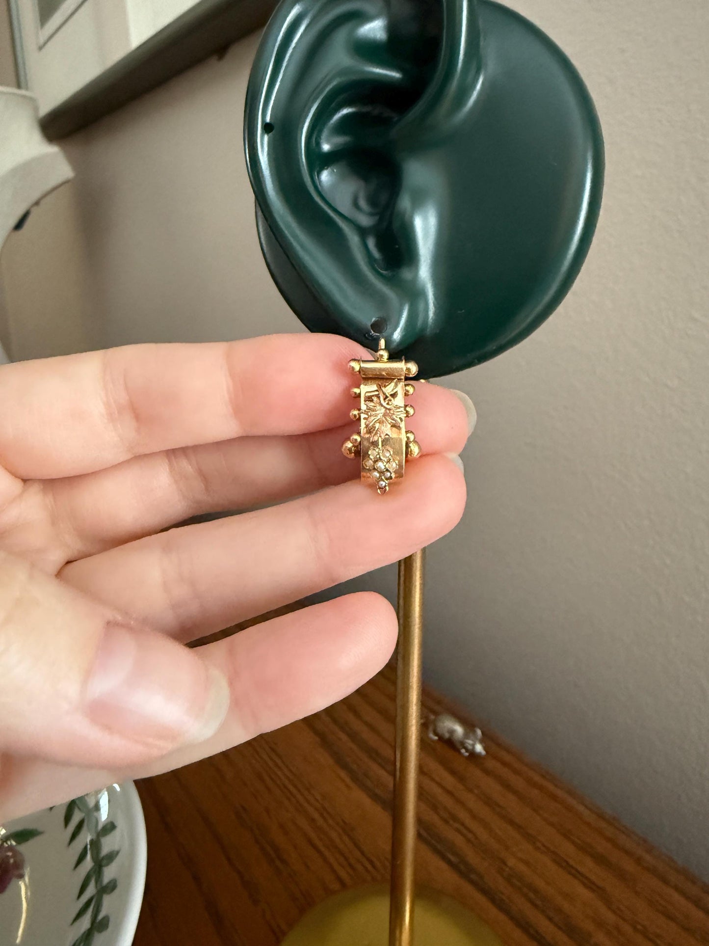 GRAPES Leaf Vine Seed Peral French Regional Antique 18k GOLD Solid Poissarde Dangle EARRINGS Ball Rivet Victorian Etruscan Gift Belle Epoque