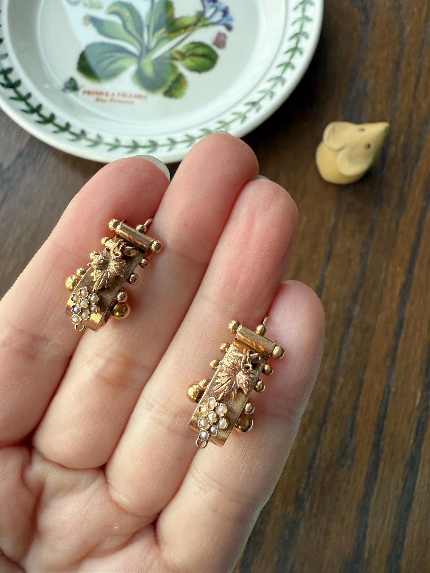 GRAPES Leaf Vine Seed Peral French Regional Antique 18k GOLD Solid Poissarde Dangle EARRINGS Ball Rivet Victorian Etruscan Gift Belle Epoque