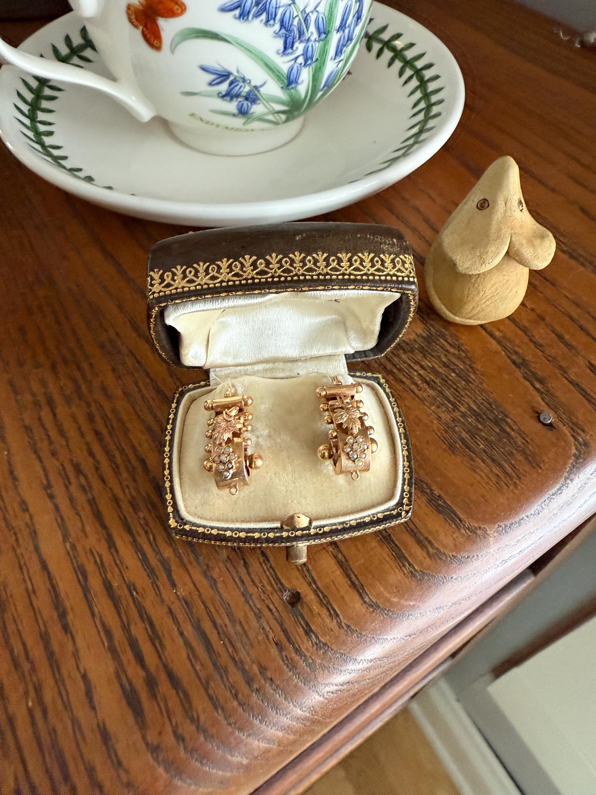GRAPES Leaf Vine Seed Peral French Regional Antique 18k GOLD Solid Poissarde Dangle EARRINGS Ball Rivet Victorian Etruscan Gift Belle Epoque