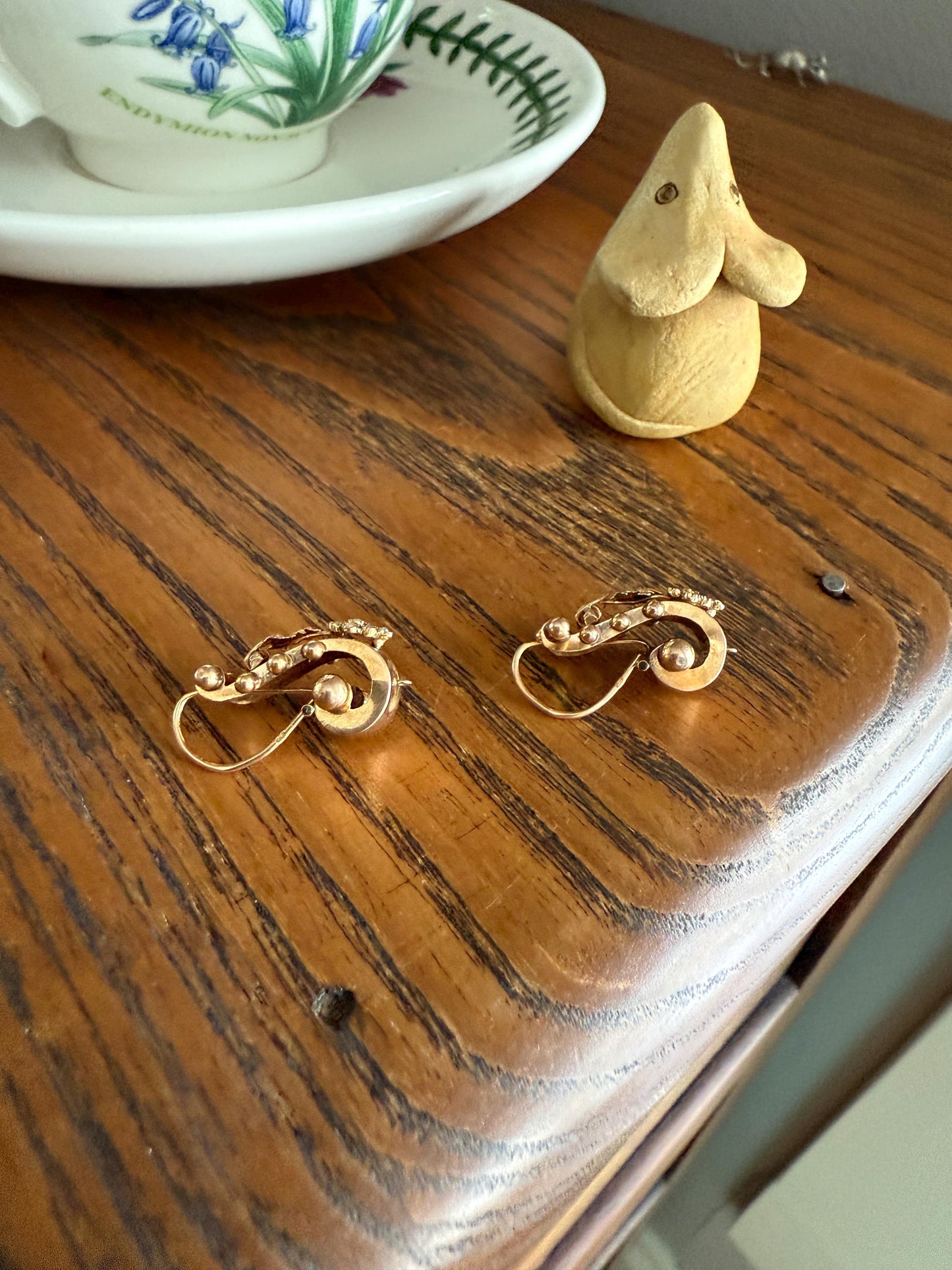 GRAPES Leaf Vine Seed Peral French Regional Antique 18k GOLD Solid Poissarde Dangle EARRINGS Ball Rivet Victorian Etruscan Gift Belle Epoque