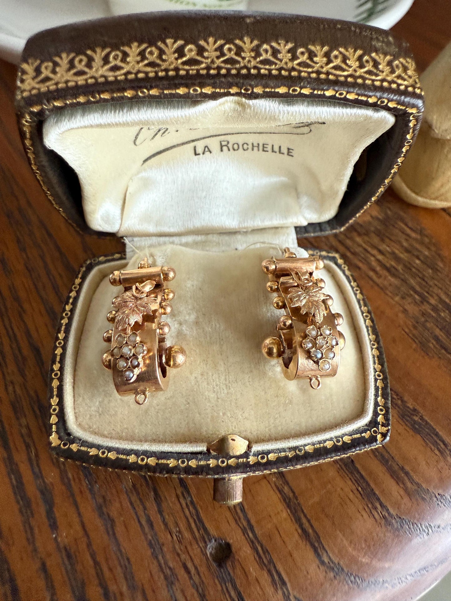 GRAPES Leaf Vine Seed Peral French Regional Antique 18k GOLD Solid Poissarde Dangle EARRINGS Ball Rivet Victorian Etruscan Gift Belle Epoque