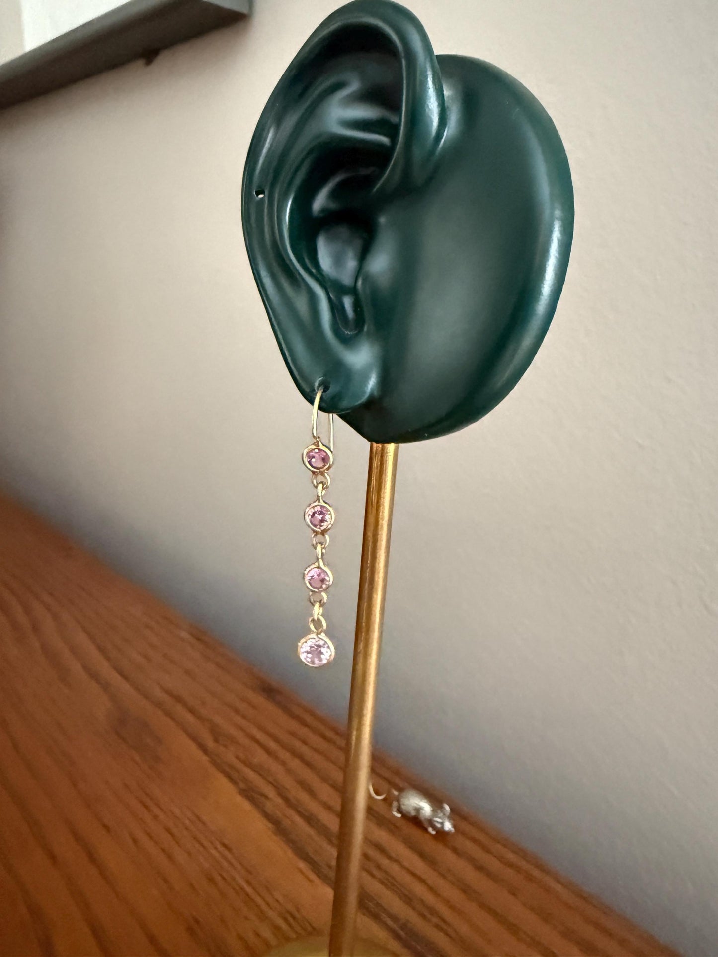 Vintage PINK SAPPHIRE 14k Gold Solid Bezel Set Dangle Earrings Linear Lilac Pastel Pink Sparkle