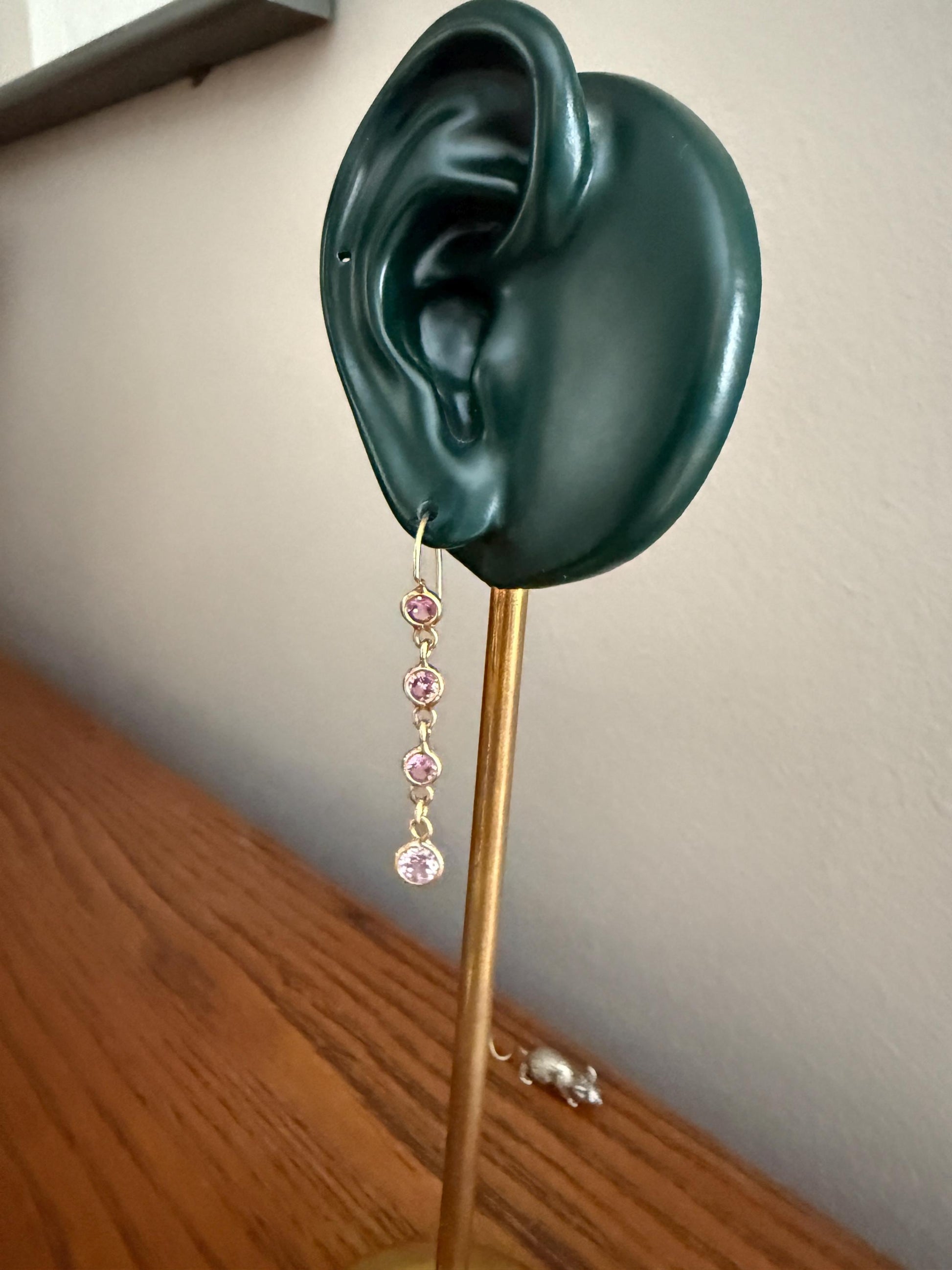 Vintage PINK SAPPHIRE 14k Gold Solid Bezel Set Dangle Earrings Linear Lilac Pastel Pink Sparkle