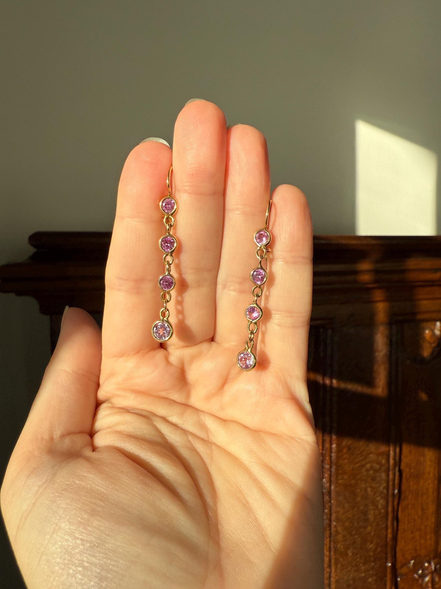 Vintage PINK SAPPHIRE 14k Gold Solid Bezel Set Dangle Earrings Linear Lilac Pastel Pink Sparkle