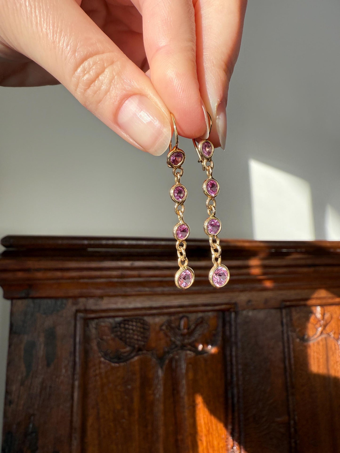Vintage PINK SAPPHIRE 14k Gold Solid Bezel Set Dangle Earrings Linear Lilac Pastel Pink Sparkle