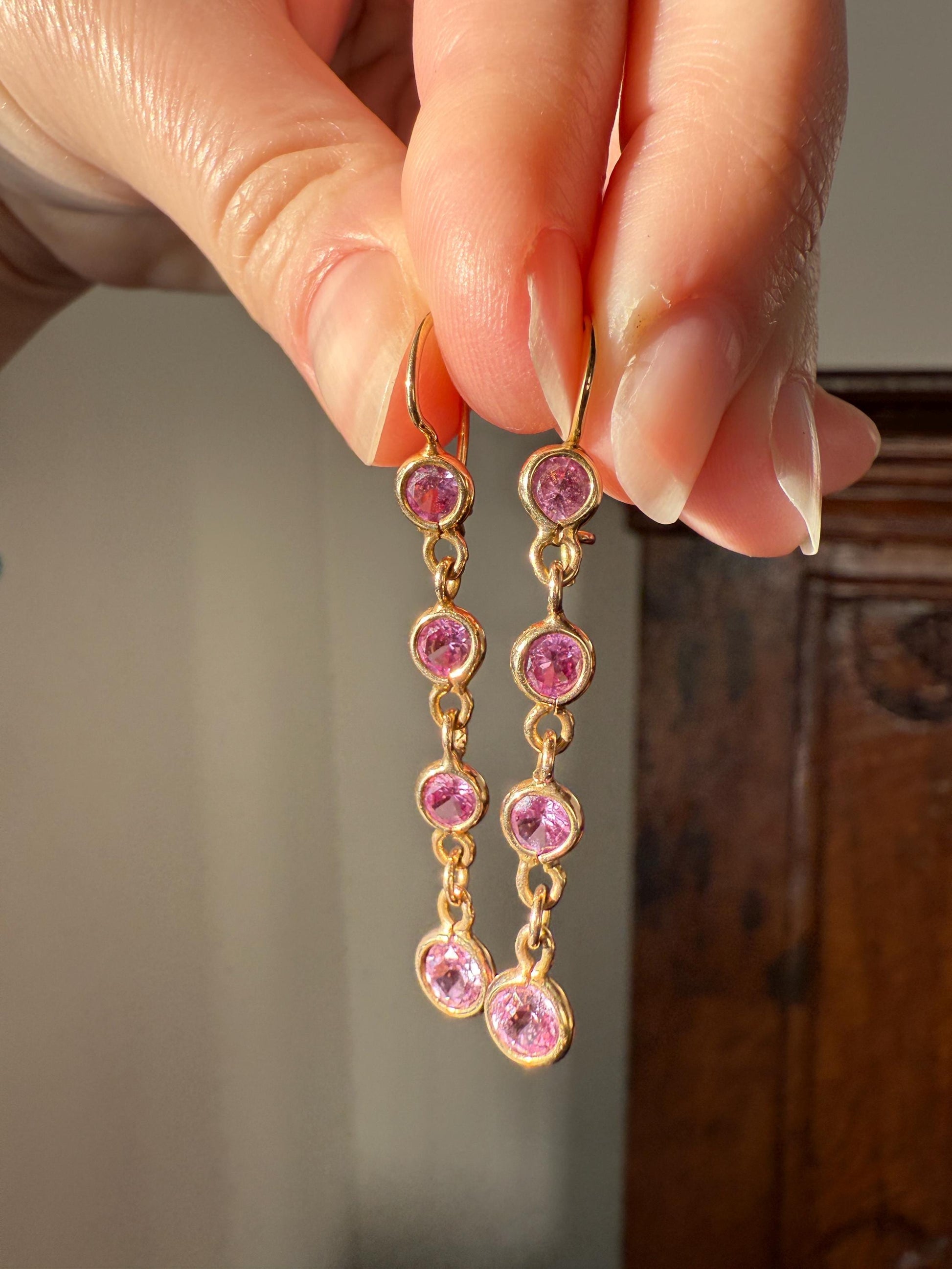 Vintage PINK SAPPHIRE 14k Gold Solid Bezel Set Dangle Earrings Linear Lilac Pastel Pink Sparkle