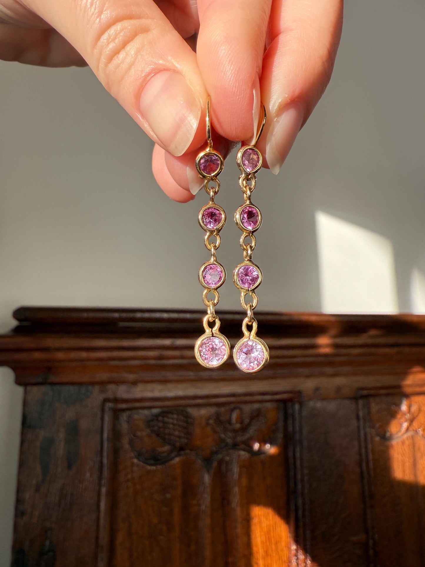 Vintage PINK SAPPHIRE 14k Gold Solid Bezel Set Dangle Earrings Linear Lilac Pastel Pink Sparkle