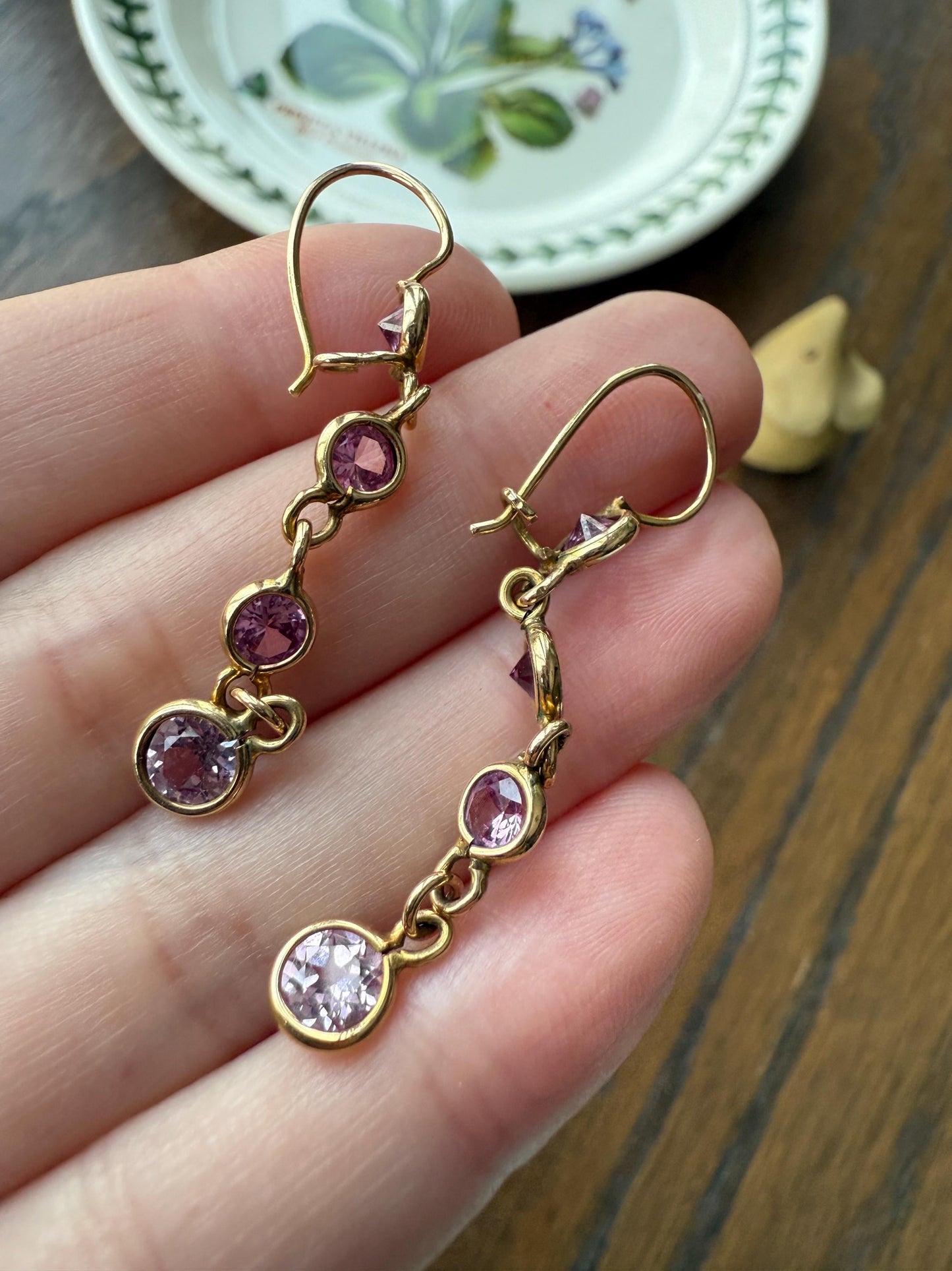 Vintage PINK SAPPHIRE 14k Gold Solid Bezel Set Dangle Earrings Linear Lilac Pastel Pink Sparkle
