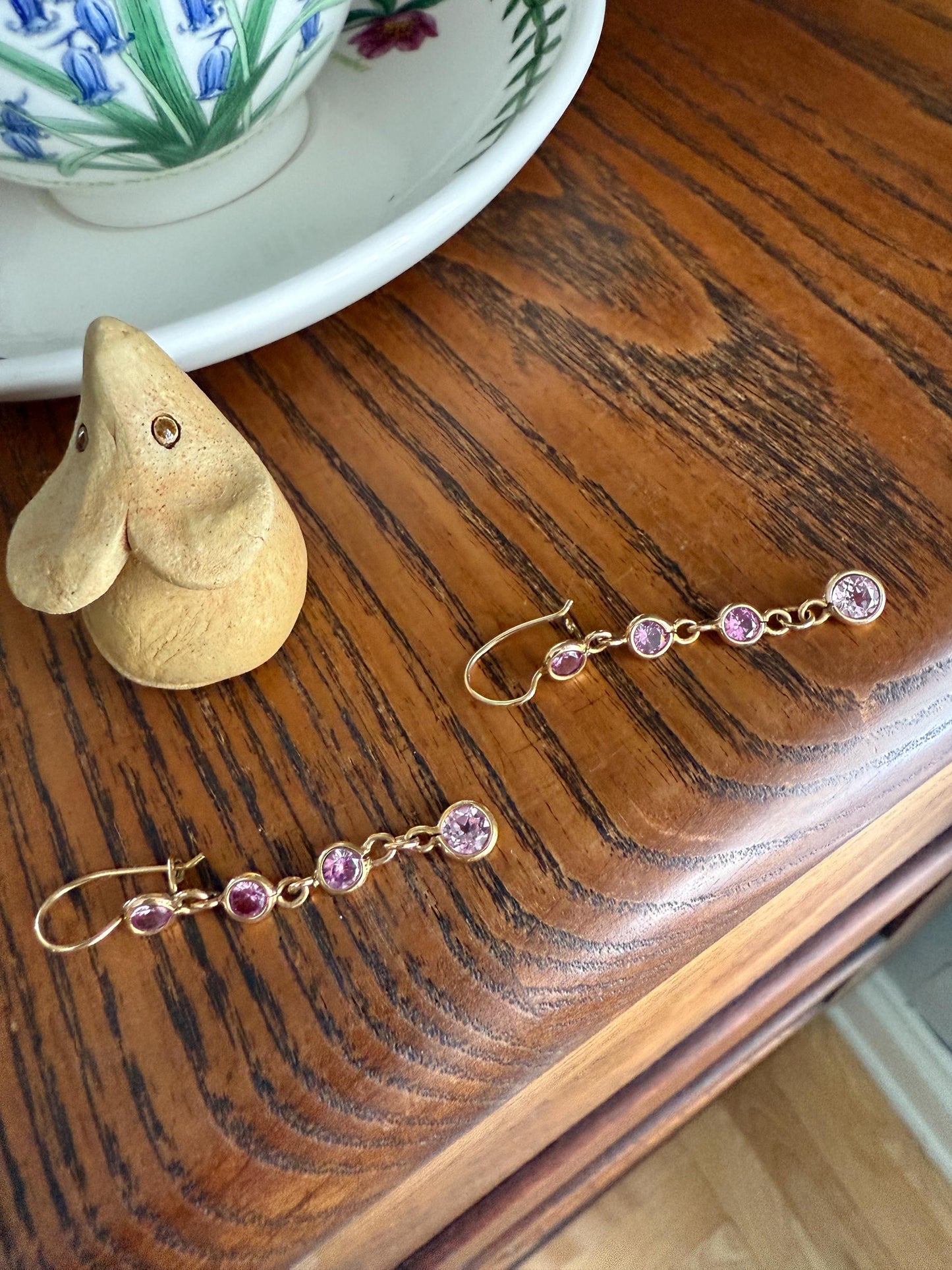 Vintage PINK SAPPHIRE 14k Gold Solid Bezel Set Dangle Earrings Linear Lilac Pastel Pink Sparkle
