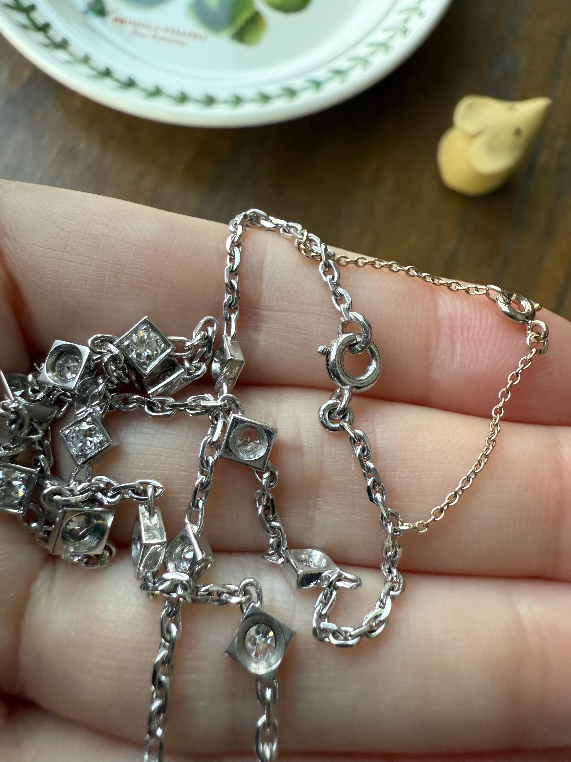 Vintage 2 Carats Natural Old Mine Cut DIAMOND Square Pendants 18k White Gold Solid Station Chain Necklace Minimalist Diamonds by the Yard