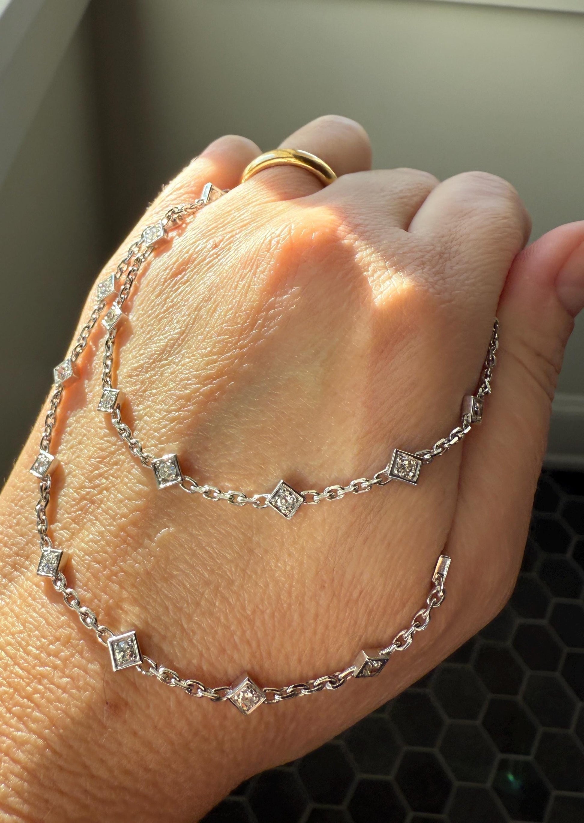 Vintage 2 Carats Natural Old Mine Cut DIAMOND Square Pendants 18k White Gold Solid Station Chain Necklace Minimalist Diamonds by the Yard