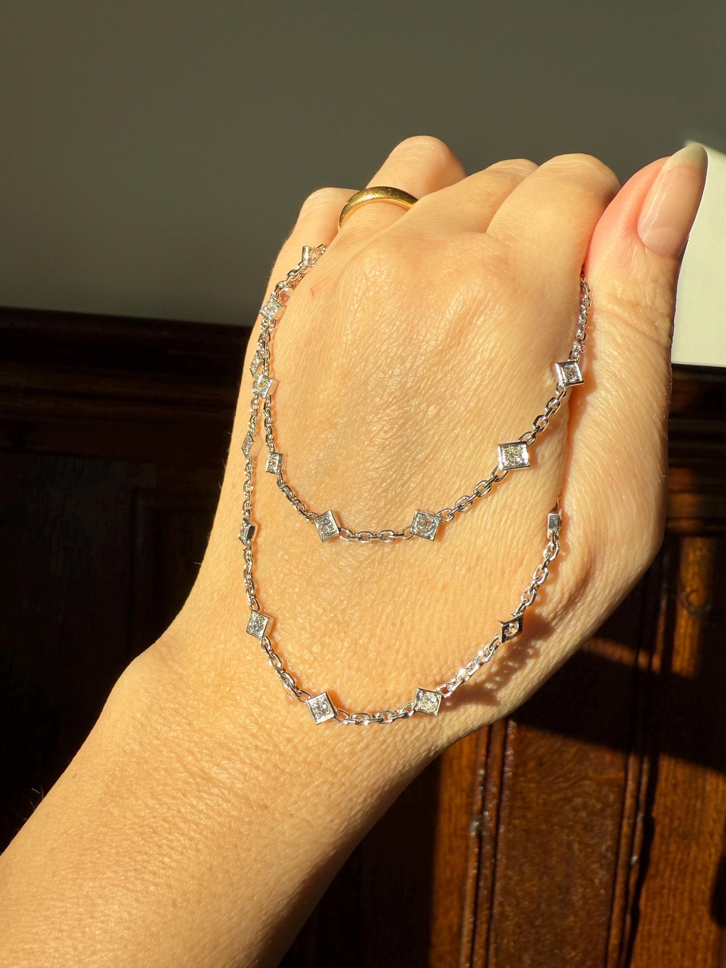 Vintage 2 Carats Natural Old Mine Cut DIAMOND Square Pendants 18k White Gold Solid Station Chain Necklace Minimalist Diamonds by the Yard