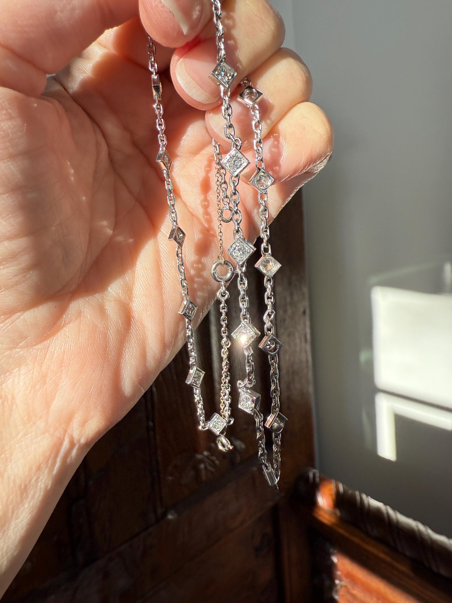 Vintage 2 Carats Natural Old Mine Cut DIAMOND Square Pendants 18k White Gold Solid Station Chain Necklace Minimalist Diamonds by the Yard