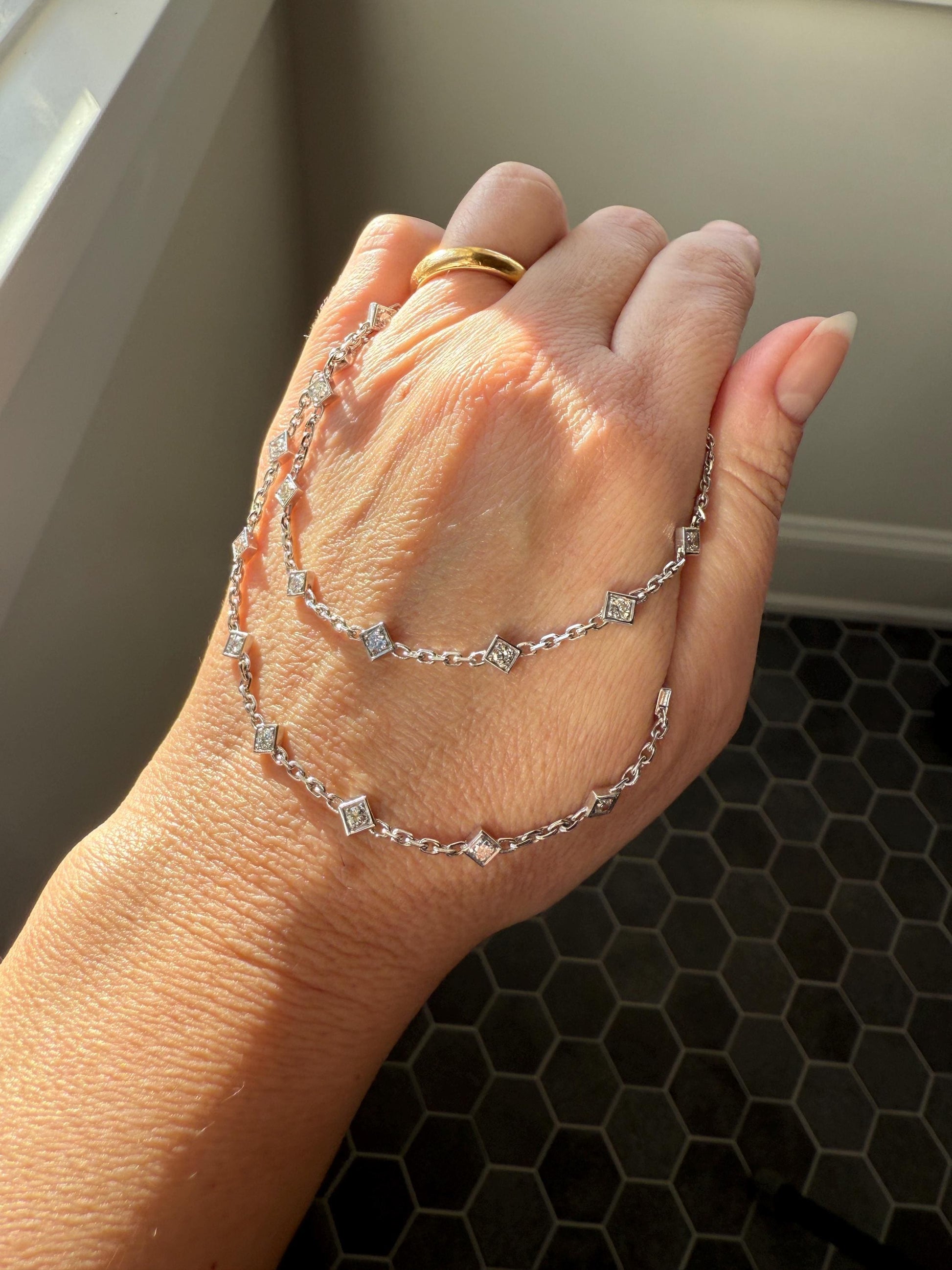 Vintage 2 Carats Natural Old Mine Cut DIAMOND Square Pendants 18k White Gold Solid Station Chain Necklace Minimalist Diamonds by the Yard