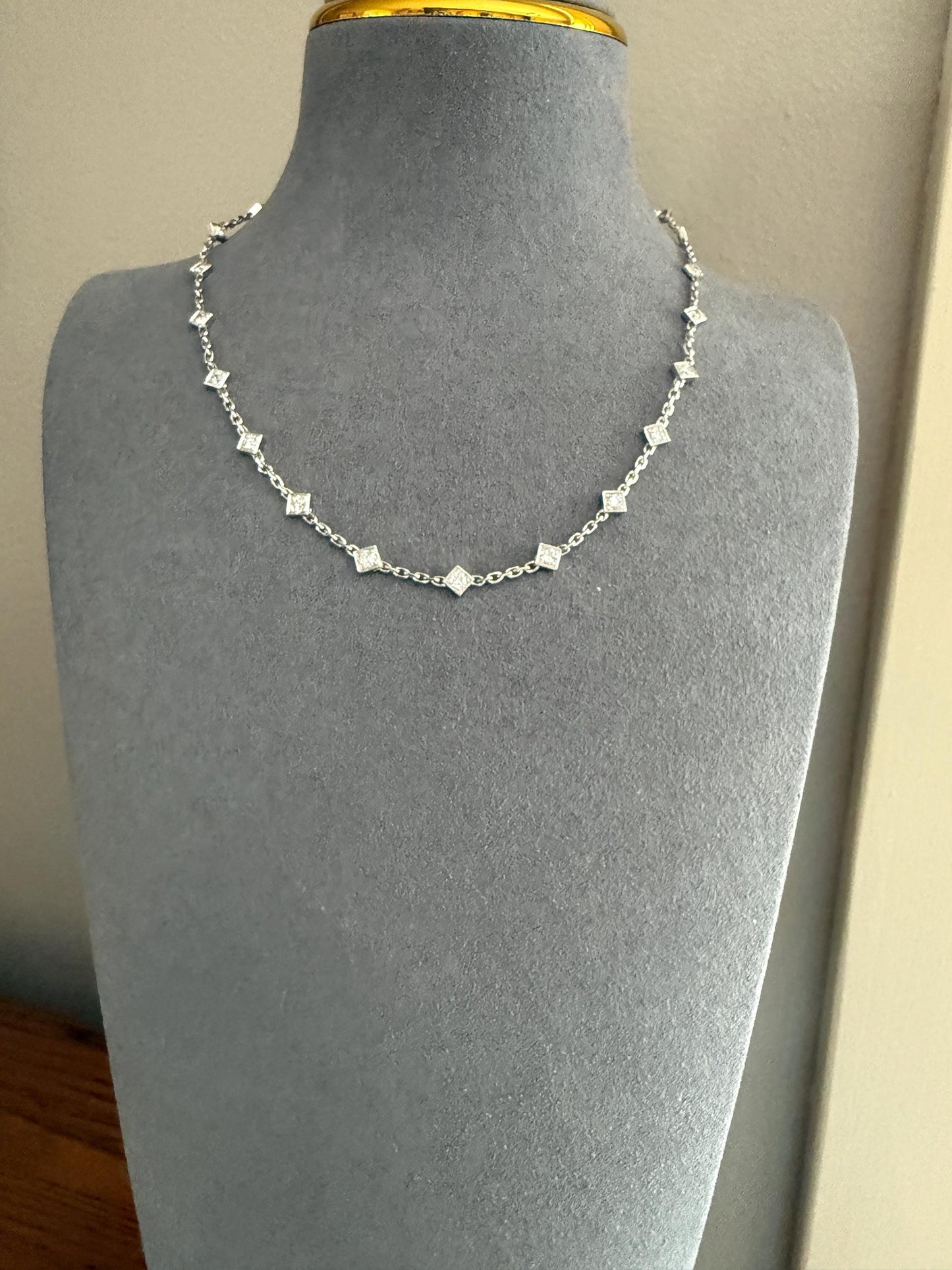 Vintage 2 Carats Natural Old Mine Cut DIAMOND Square Pendants 18k White Gold Solid Station Chain Necklace Minimalist Diamonds by the Yard