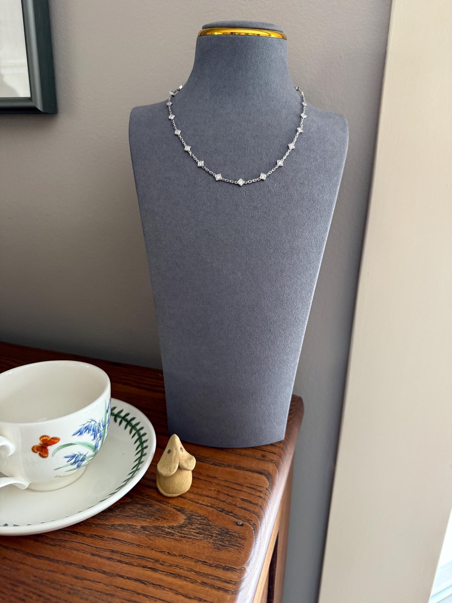 Vintage 2 Carats Natural Old Mine Cut DIAMOND Square Pendants 18k White Gold Solid Station Chain Necklace Minimalist Diamonds by the Yard