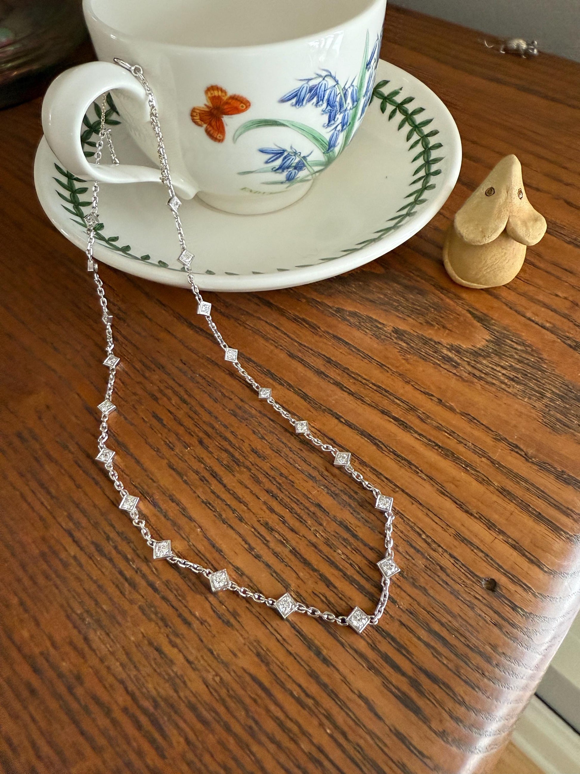 Vintage 2 Carats Natural Old Mine Cut DIAMOND Square Pendants 18k White Gold Solid Station Chain Necklace Minimalist Diamonds by the Yard