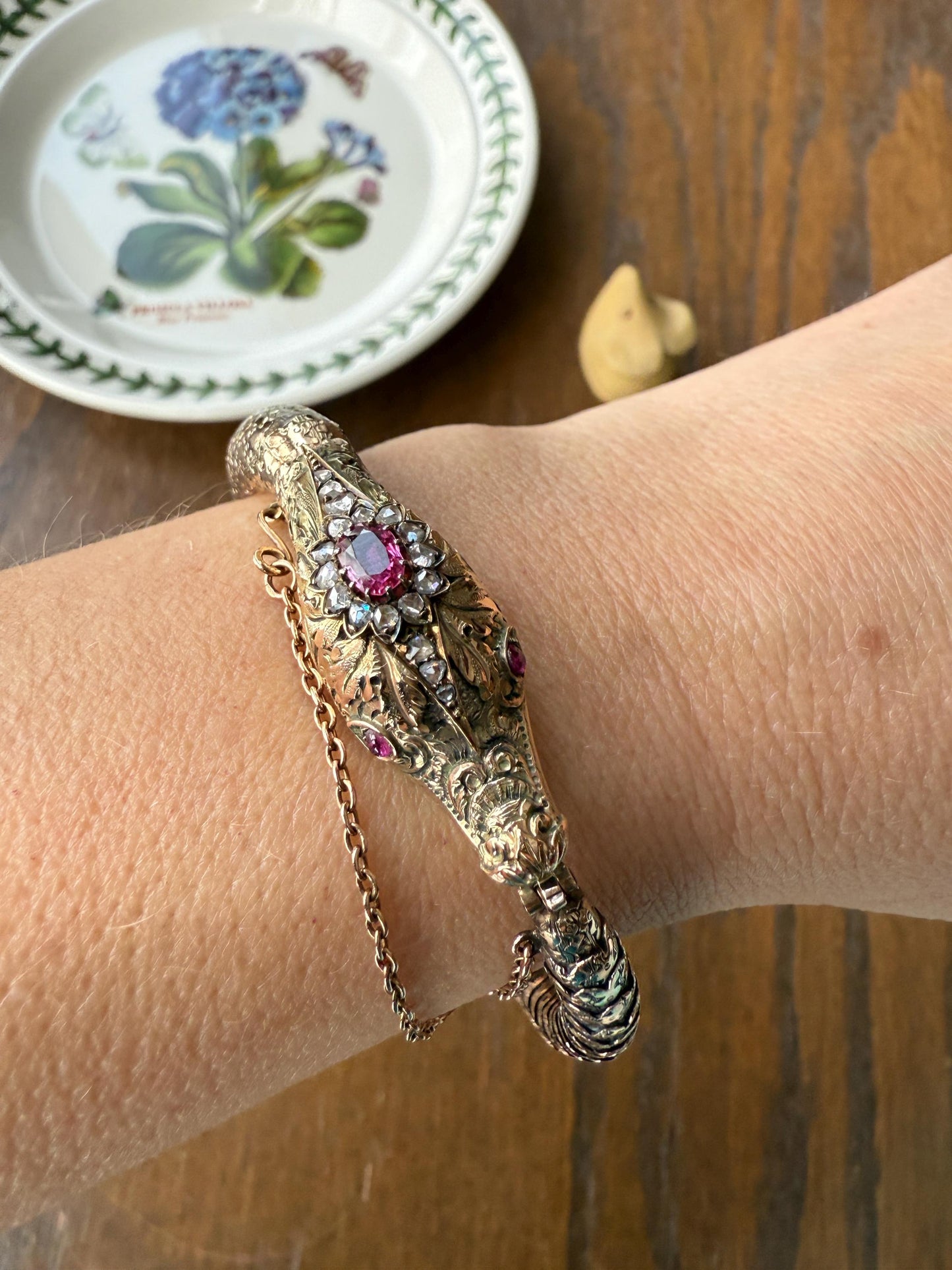 HEAVY ! Antique Ouroboros SNAKE Articulating Bracelet 43g 14k GOLD Chunky Teeth Ruby Eyes Head Rose Cut Diamond Halo Chunky Bangle Bracelet
