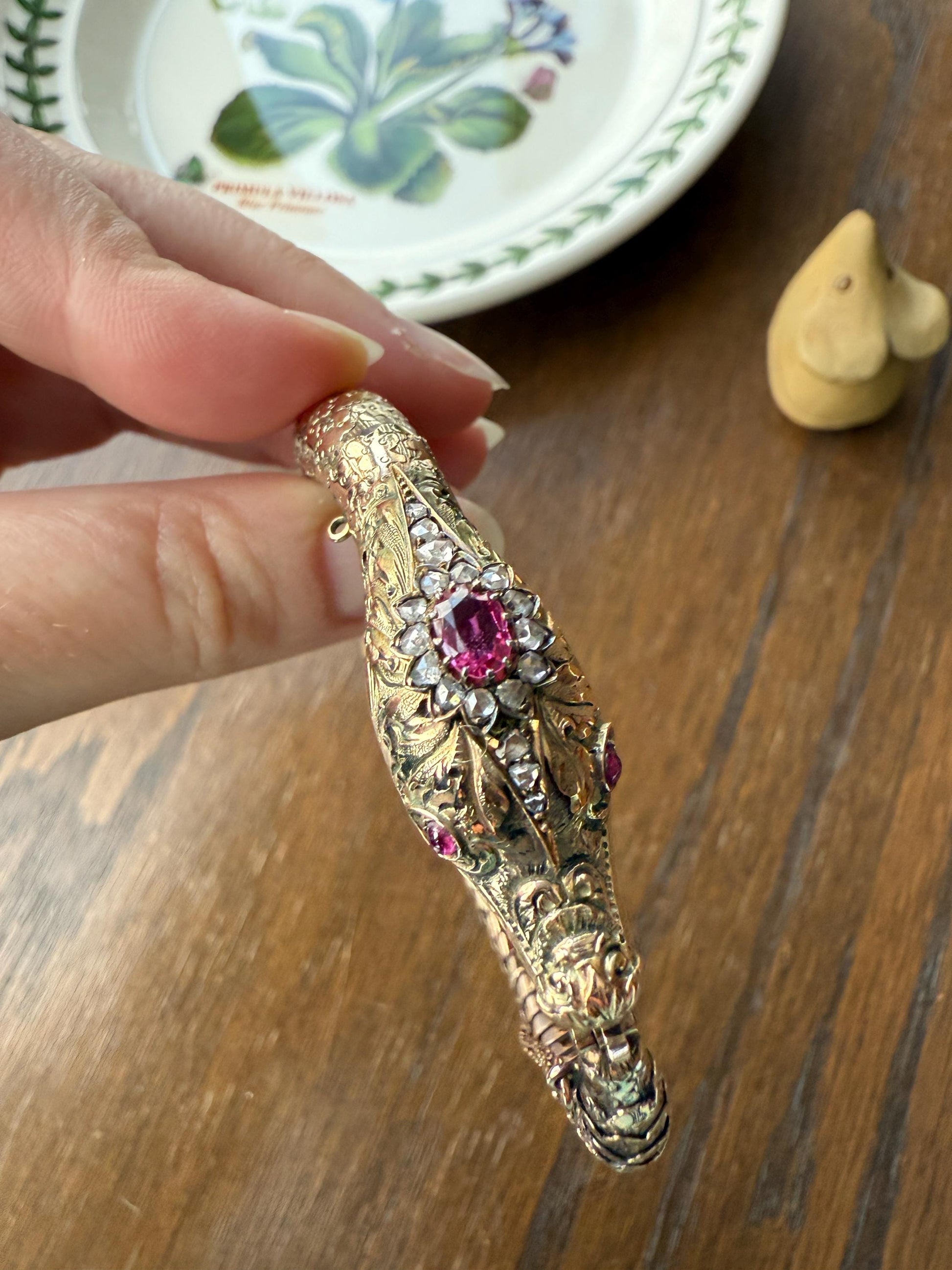 HEAVY ! Antique Ouroboros SNAKE Articulating Bracelet 43g 14k GOLD Chunky Teeth Ruby Eyes Head Rose Cut Diamond Halo Chunky Bangle Bracelet