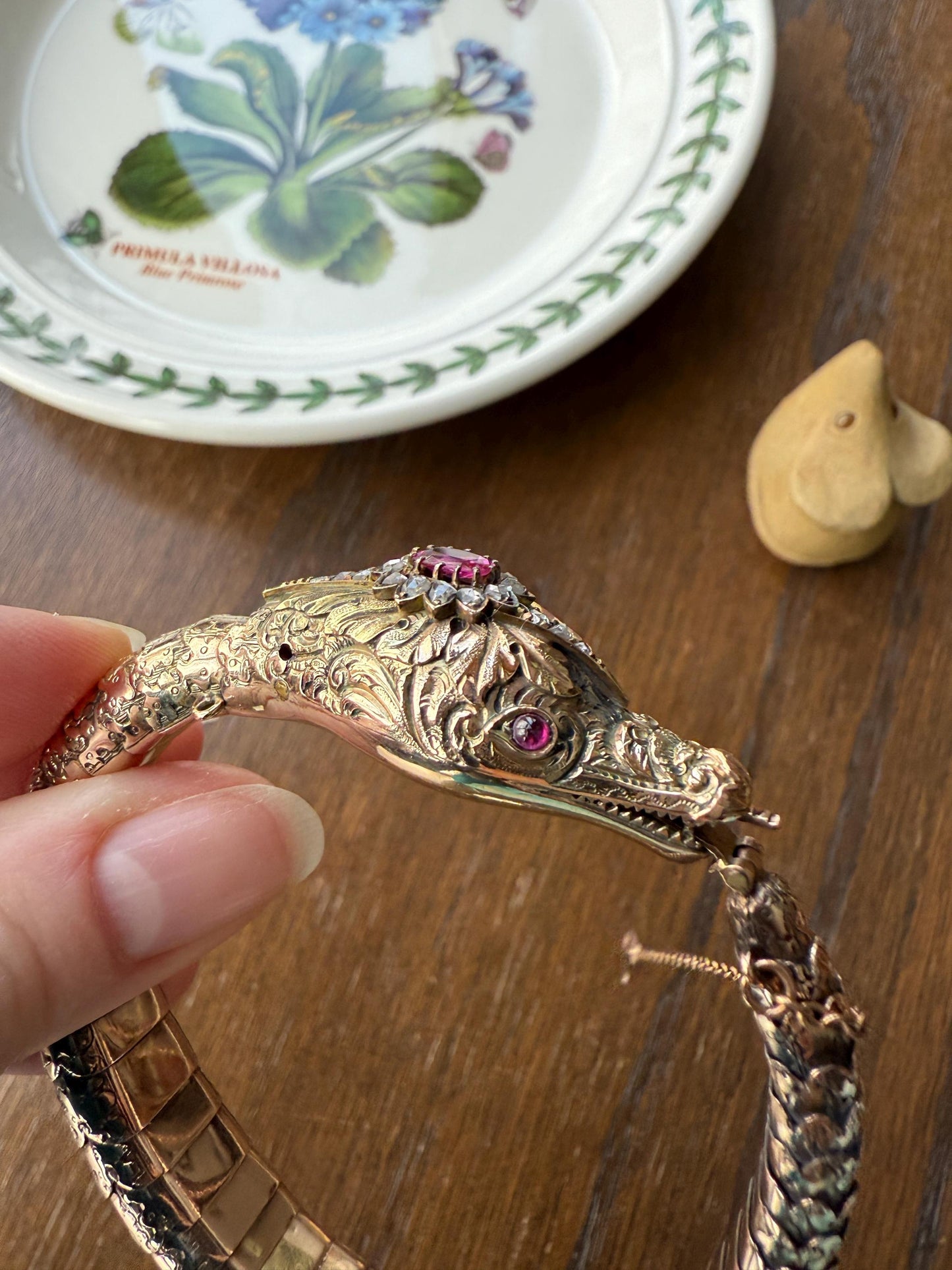 HEAVY ! Antique Ouroboros SNAKE Articulating Bracelet 43g 14k GOLD Chunky Teeth Ruby Eyes Head Rose Cut Diamond Halo Chunky Bangle Bracelet