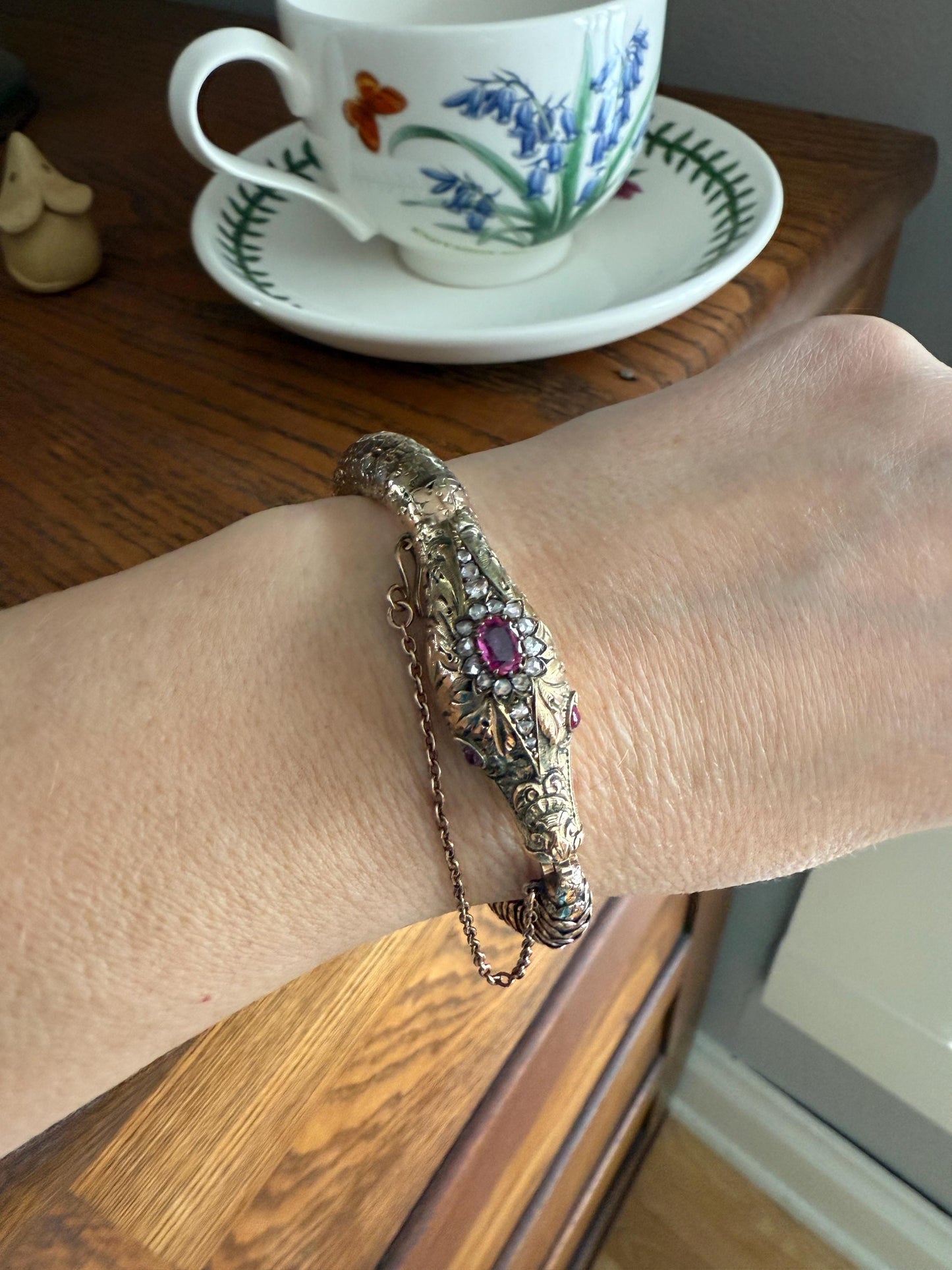 HEAVY ! Antique Ouroboros SNAKE Articulating Bracelet 43g 14k GOLD Chunky Teeth Ruby Eyes Head Rose Cut Diamond Halo Chunky Bangle Bracelet