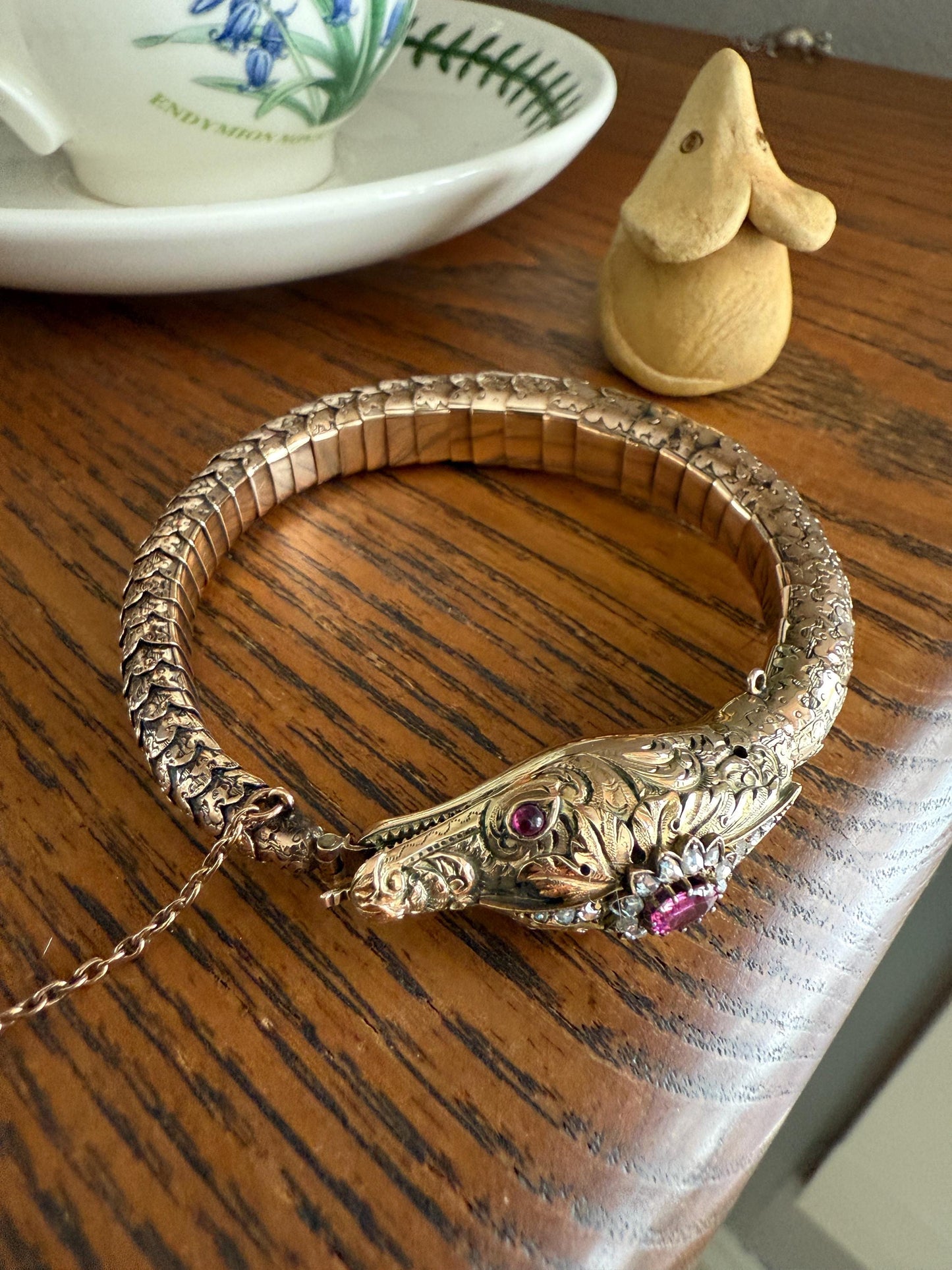 HEAVY ! Antique Ouroboros SNAKE Articulating Bracelet 43g 14k GOLD Chunky Teeth Ruby Eyes Head Rose Cut Diamond Halo Chunky Bangle Bracelet
