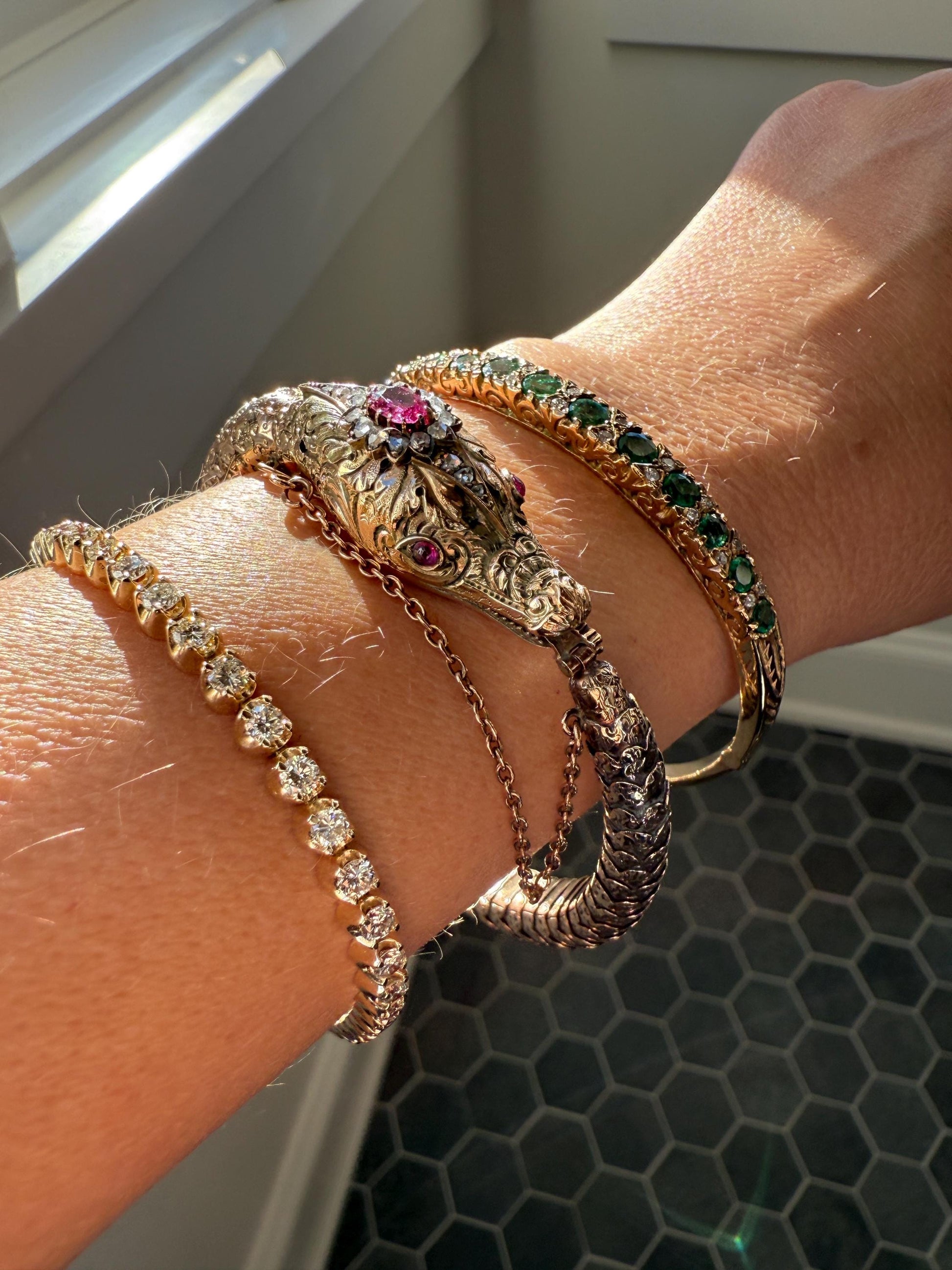 HEAVY ! Antique Ouroboros SNAKE Articulating Bracelet 43g 14k GOLD Chunky Teeth Ruby Eyes Head Rose Cut Diamond Halo Chunky Bangle Bracelet