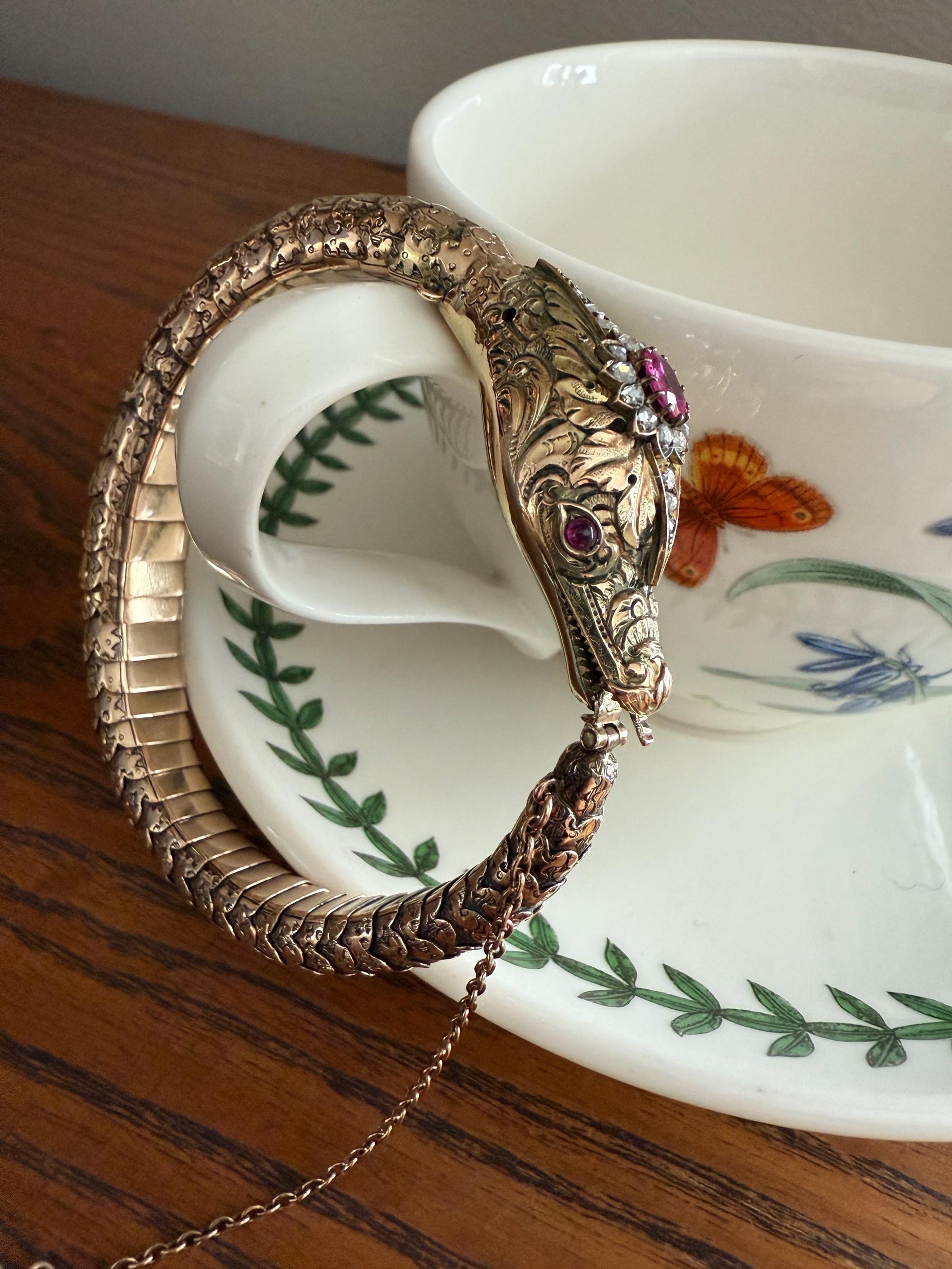 HEAVY ! Antique Ouroboros SNAKE Articulating Bracelet 43g 14k GOLD Chunky Teeth Ruby Eyes Head Rose Cut Diamond Halo Chunky Bangle Bracelet