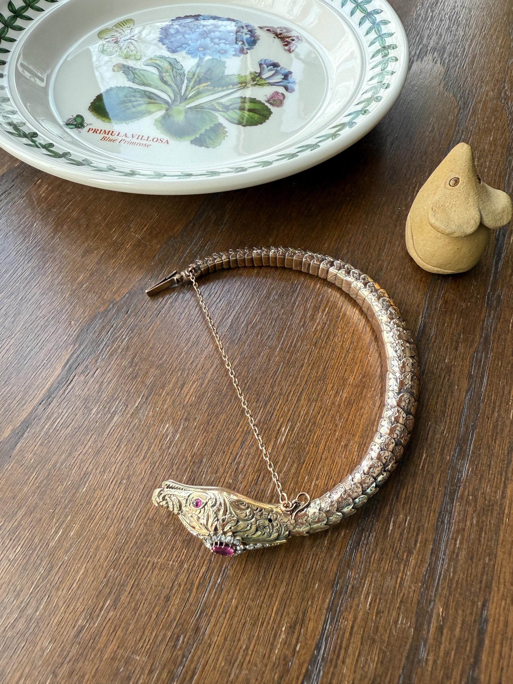 HEAVY ! Antique Ouroboros SNAKE Articulating Bracelet 43g 14k GOLD Chunky Teeth Ruby Eyes Head Rose Cut Diamond Halo Chunky Bangle Bracelet