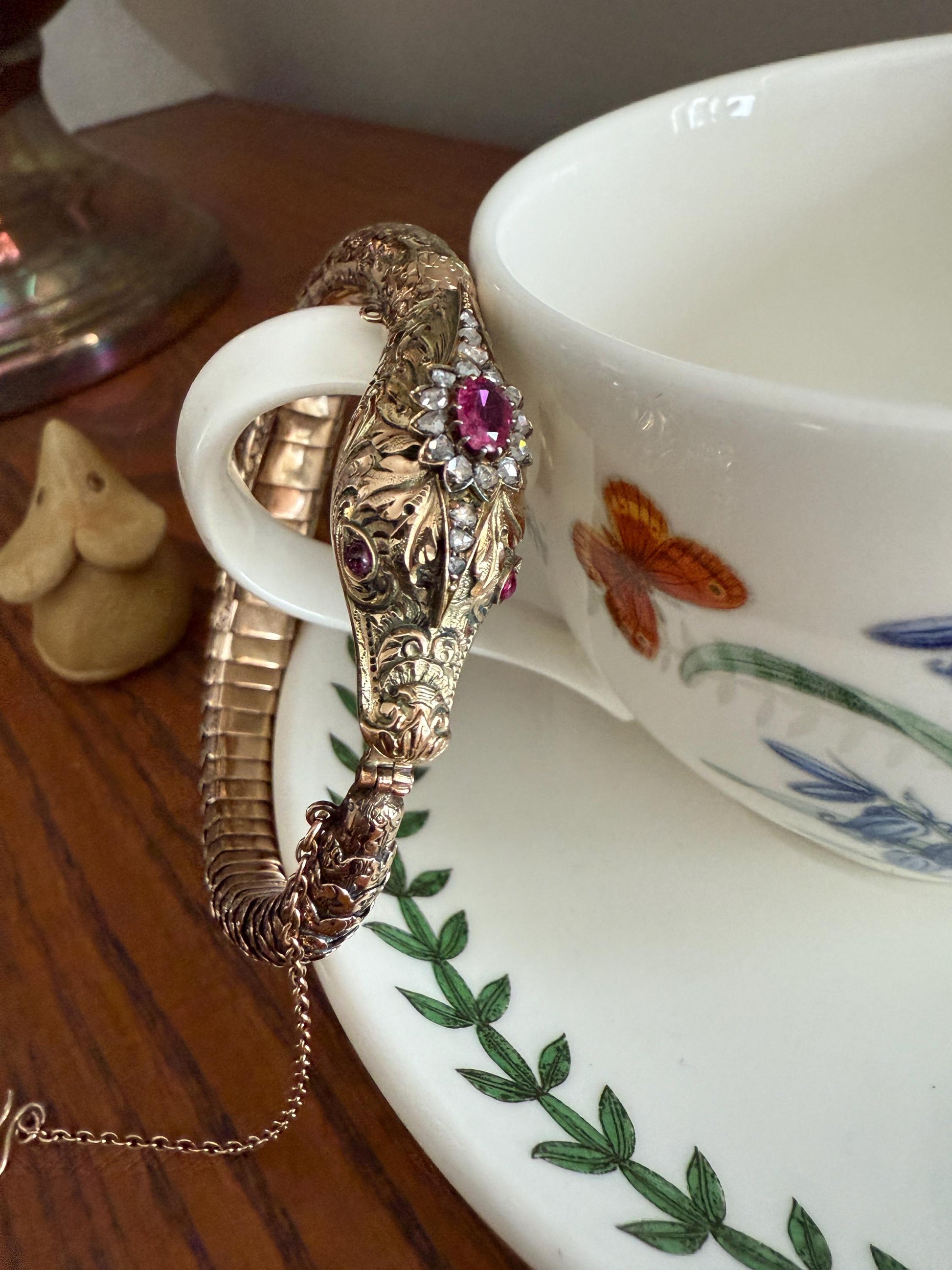 HEAVY ! Antique Ouroboros SNAKE Articulating Bracelet 43g 14k GOLD Chunky Teeth Ruby Eyes Head Rose Cut Diamond Halo Chunky Bangle Bracelet