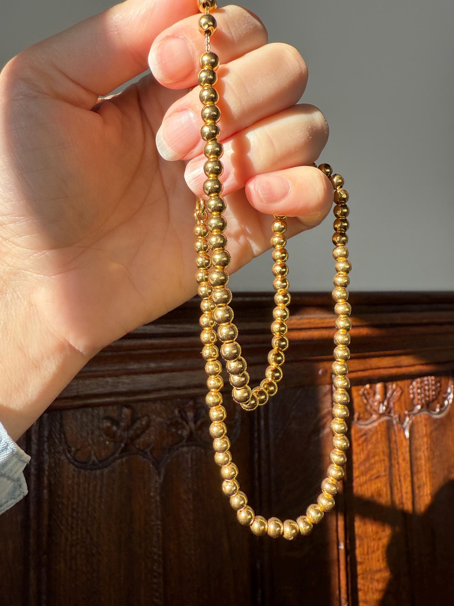 Uniform French Vintage 10.2g 18k GOLD Pearl Solid Traditional Marseille Chain Necklace Smaller Beads 18" Collar Neckmess Staple