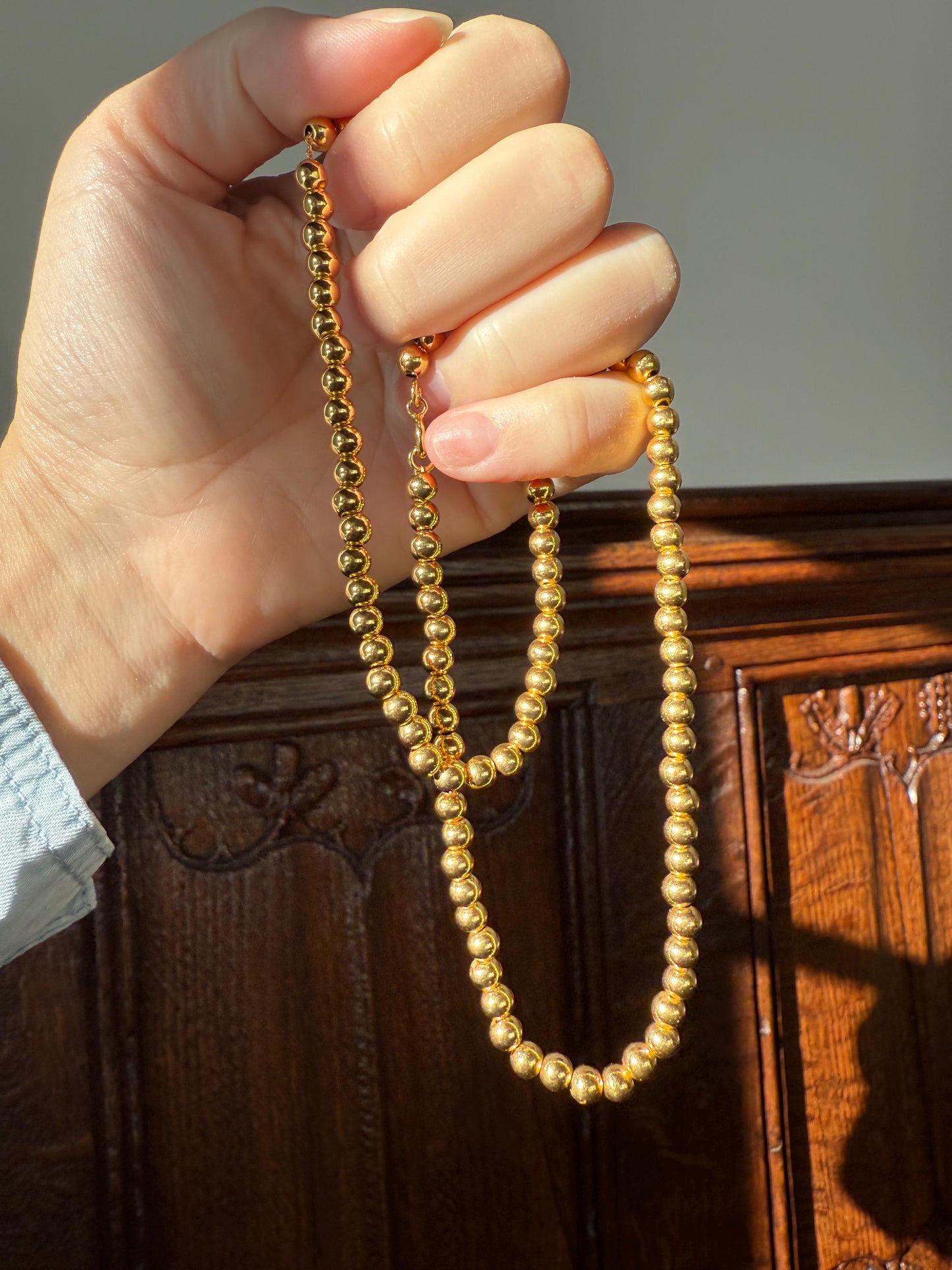 Uniform French Vintage 10.2g 18k GOLD Pearl Solid Traditional Marseille Chain Necklace Smaller Beads 18" Collar Neckmess Staple