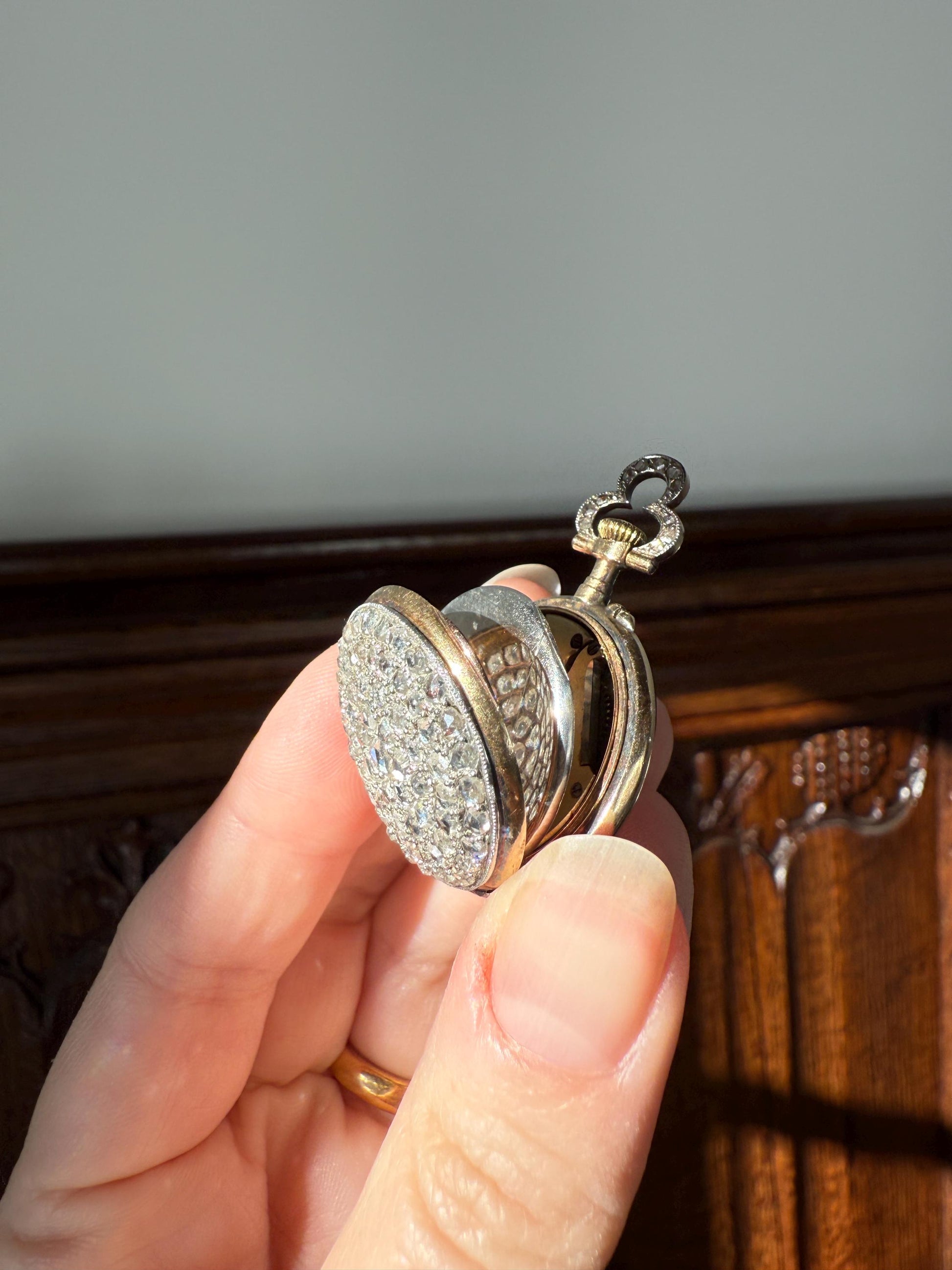 Sparkle Bomb ENTIRELY DIAMOND Encrusted French VICTORIAN Chunky Rose Cut Diamond Antique 18k Gold Silver Pocket Watch Case Pendant Locket