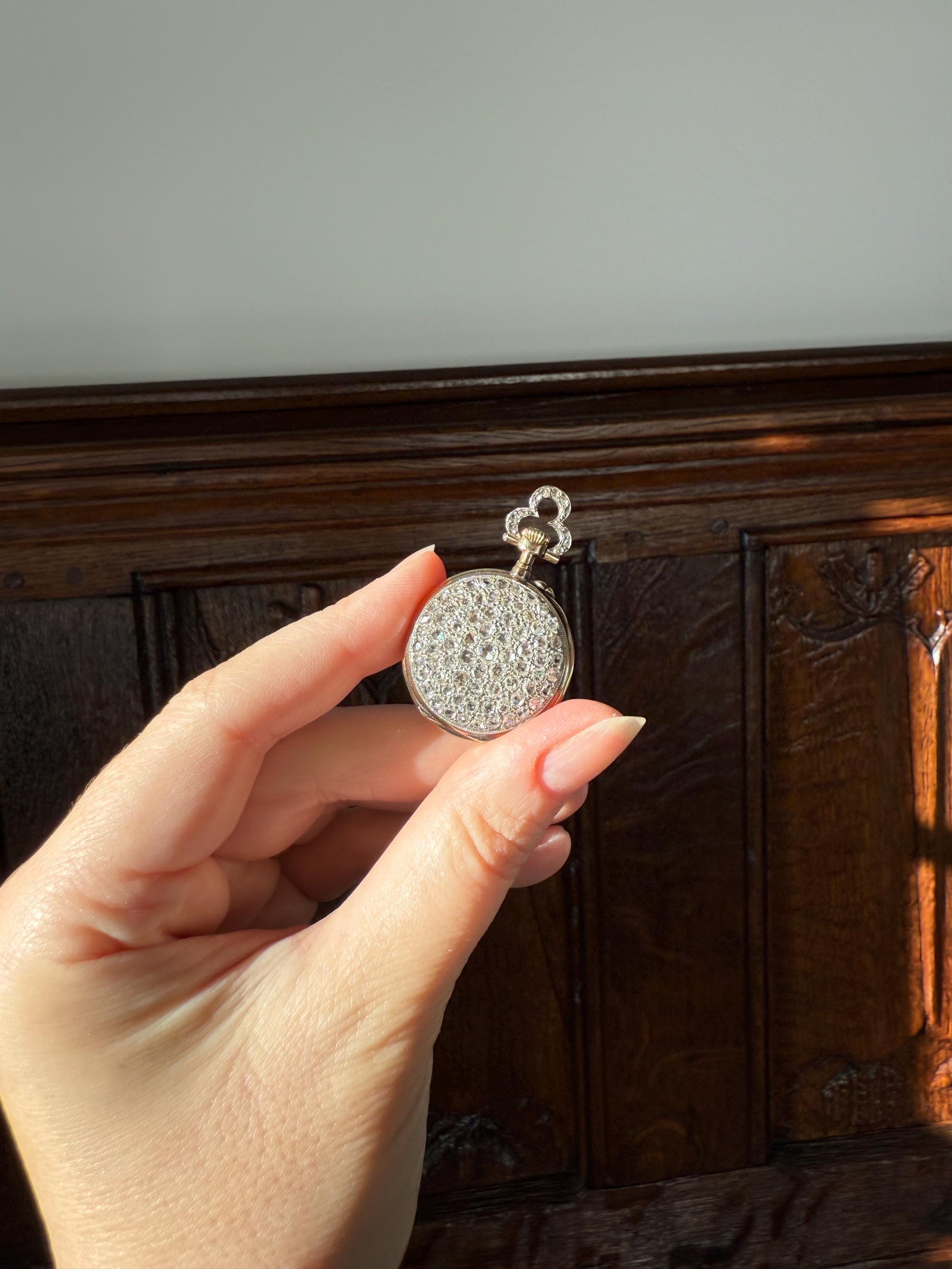 Sparkle Bomb ENTIRELY DIAMOND Encrusted French VICTORIAN Chunky Rose Cut Diamond Antique 18k Gold Silver Pocket Watch Case Pendant Locket