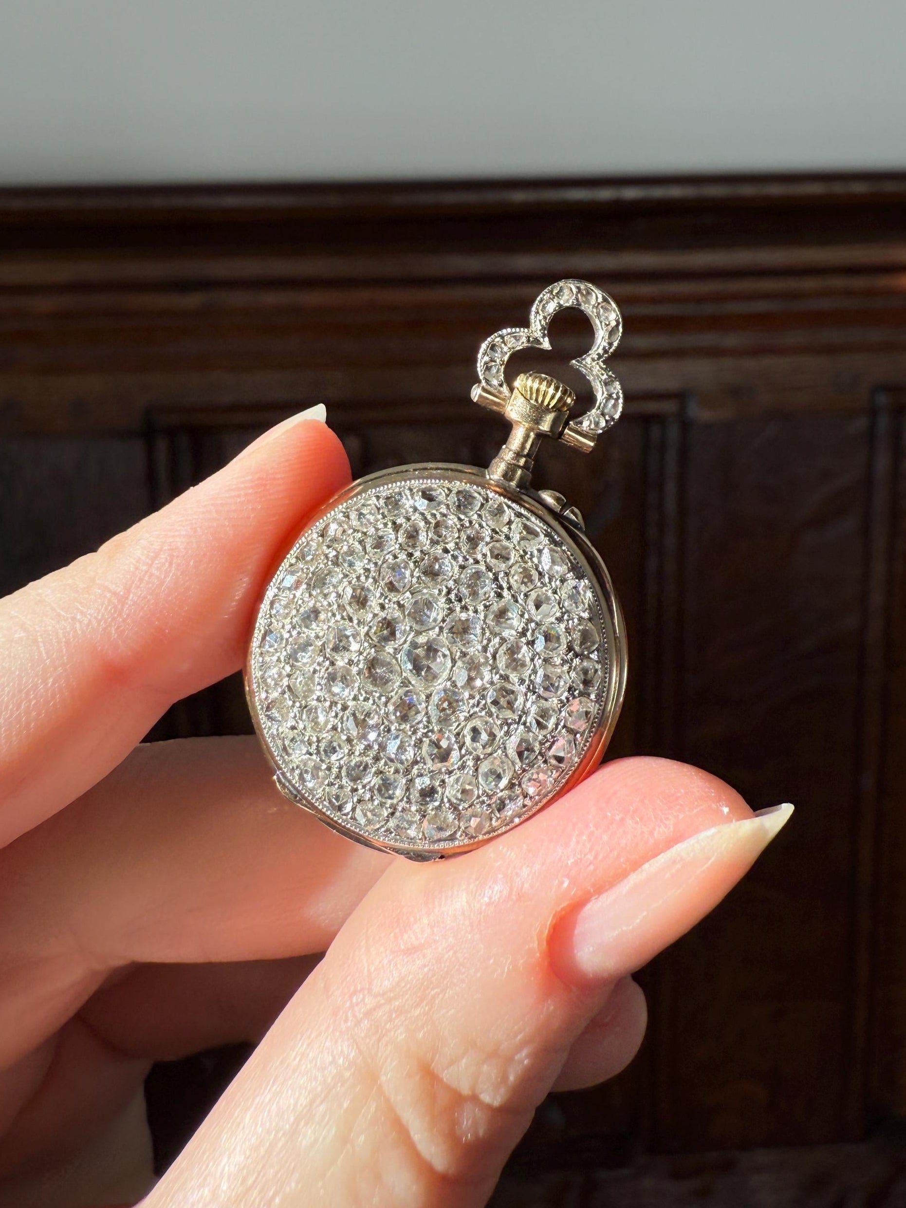 Sparkle Bomb ENTIRELY DIAMOND Encrusted French VICTORIAN Chunky Rose Cut Diamond Antique 18k Gold Silver Pocket Watch Case Pendant Locket