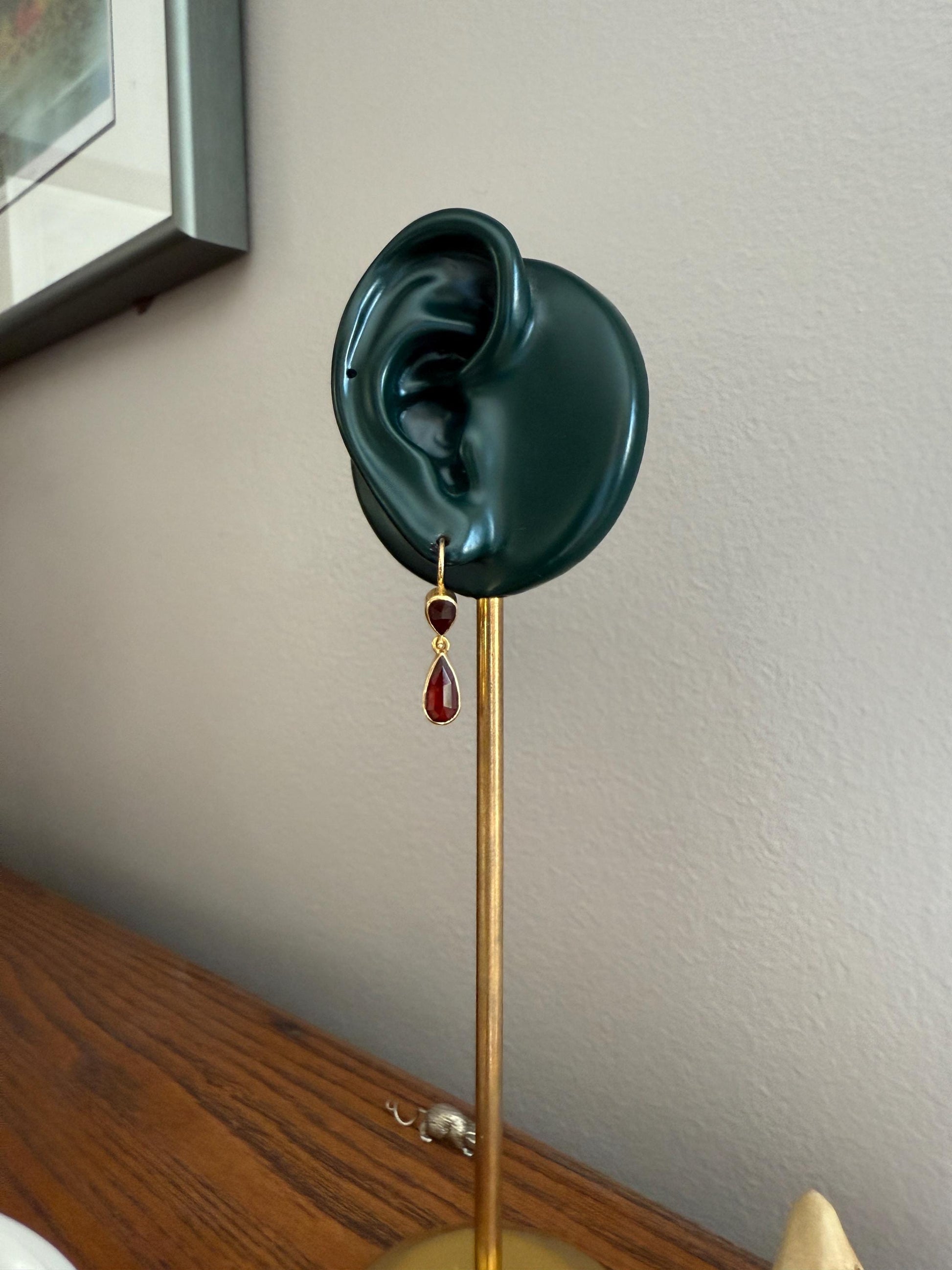 Teardrop Dangles Vintage Pear PERPIGNAN GARNET Earrings 18k Gold French Dormouse Rose Cut Closed Back Crimson Red