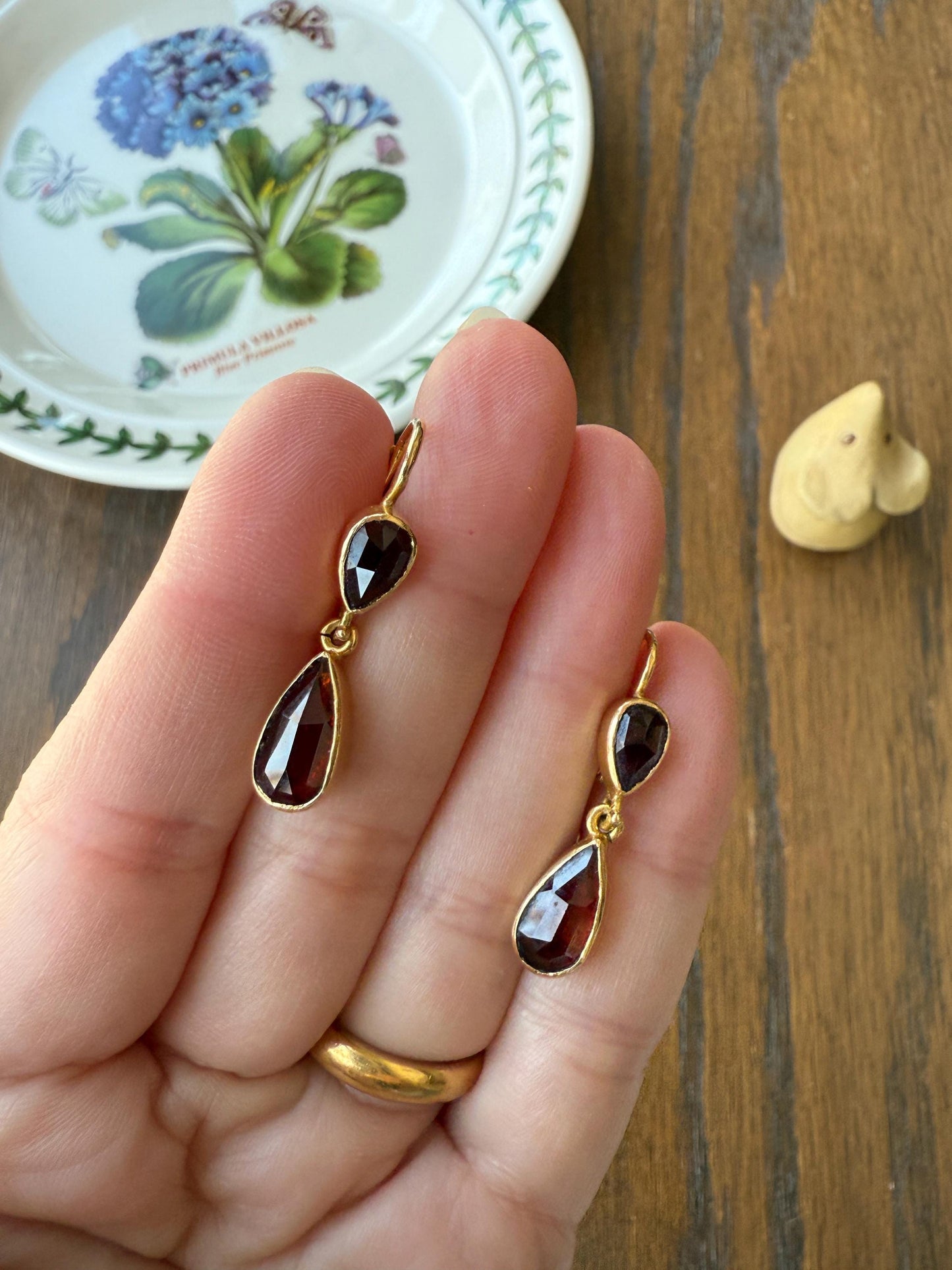 Teardrop Dangles Vintage Pear PERPIGNAN GARNET Earrings 18k Gold French Dormouse Rose Cut Closed Back Crimson Red