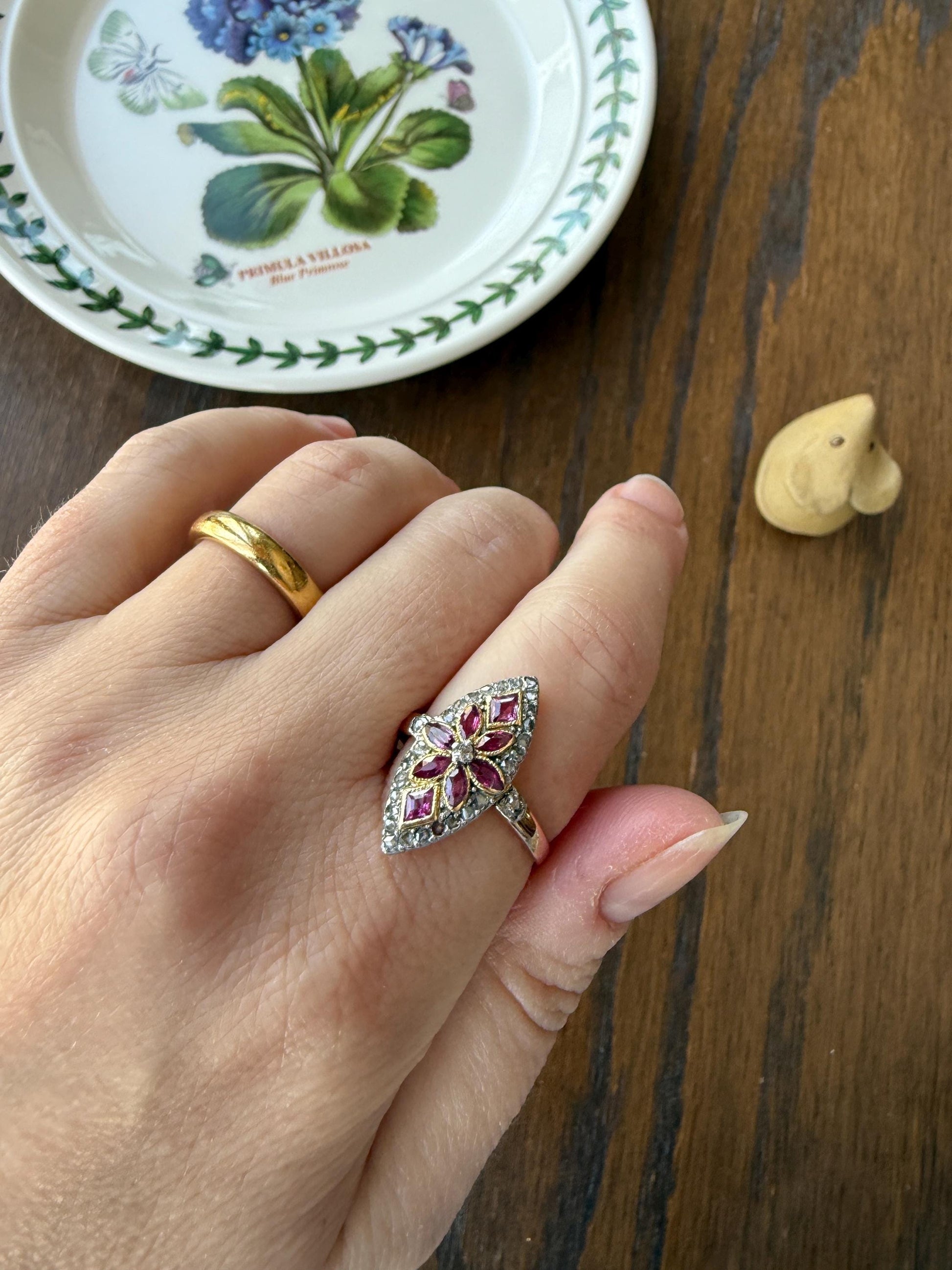 Floral Starburst Art NOUVEAU Antique FRENCH Rose Cut Diamond RUBY Sapphire Navette Ring 18k Gold PLATiNUM Belle Epoque Pink