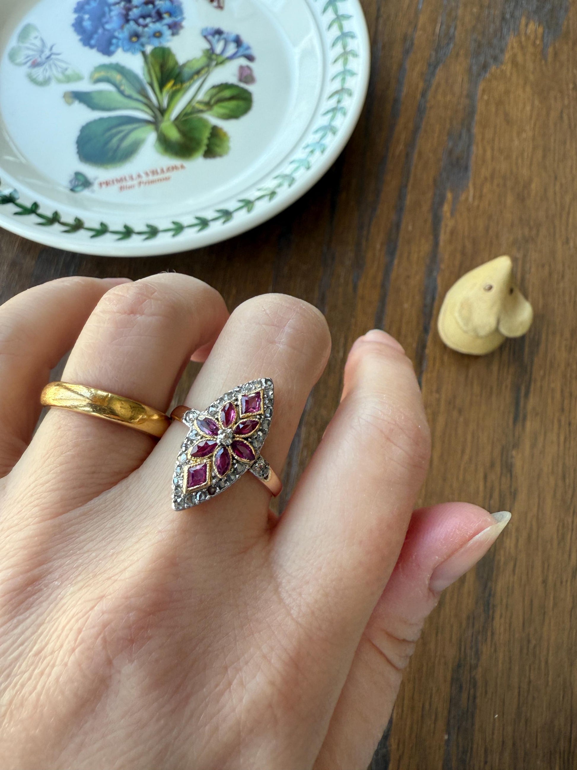 Floral Starburst Art NOUVEAU Antique FRENCH Rose Cut Diamond RUBY Sapphire Navette Ring 18k Gold PLATiNUM Belle Epoque Pink