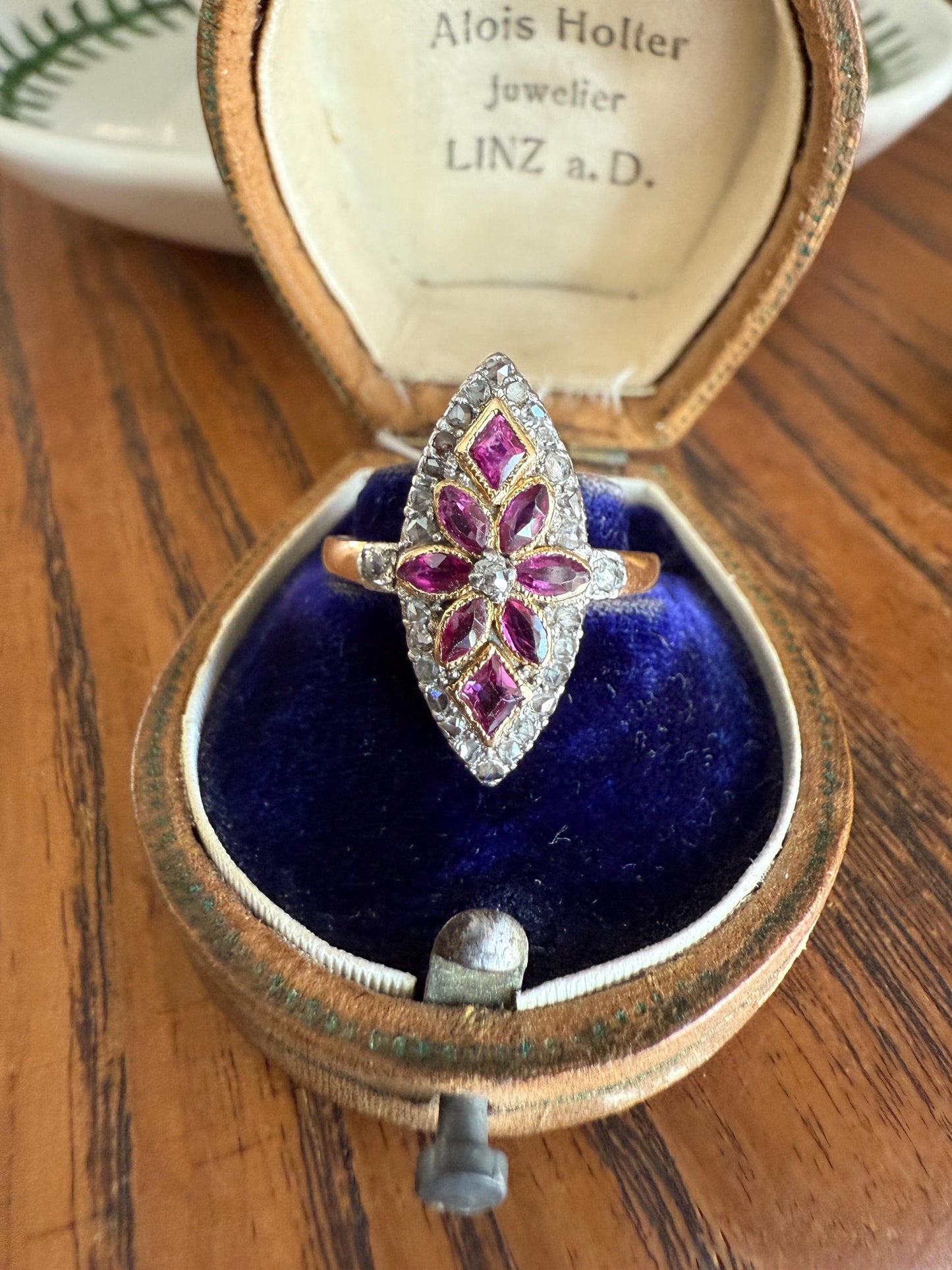 Floral Starburst Art NOUVEAU Antique FRENCH Rose Cut Diamond RUBY Sapphire Navette Ring 18k Gold PLATiNUM Belle Epoque Pink