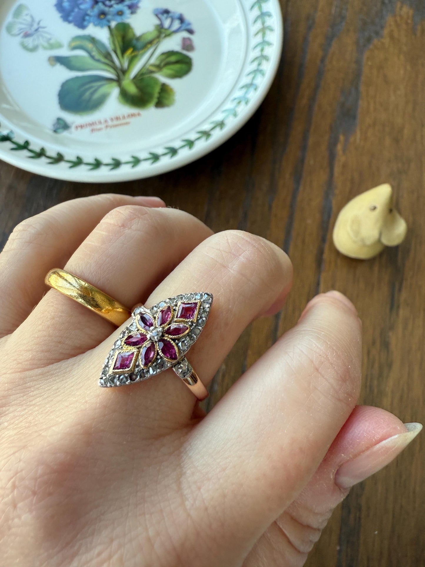 Floral Starburst Art NOUVEAU Antique FRENCH Rose Cut Diamond RUBY Sapphire Navette Ring 18k Gold PLATiNUM Belle Epoque Pink
