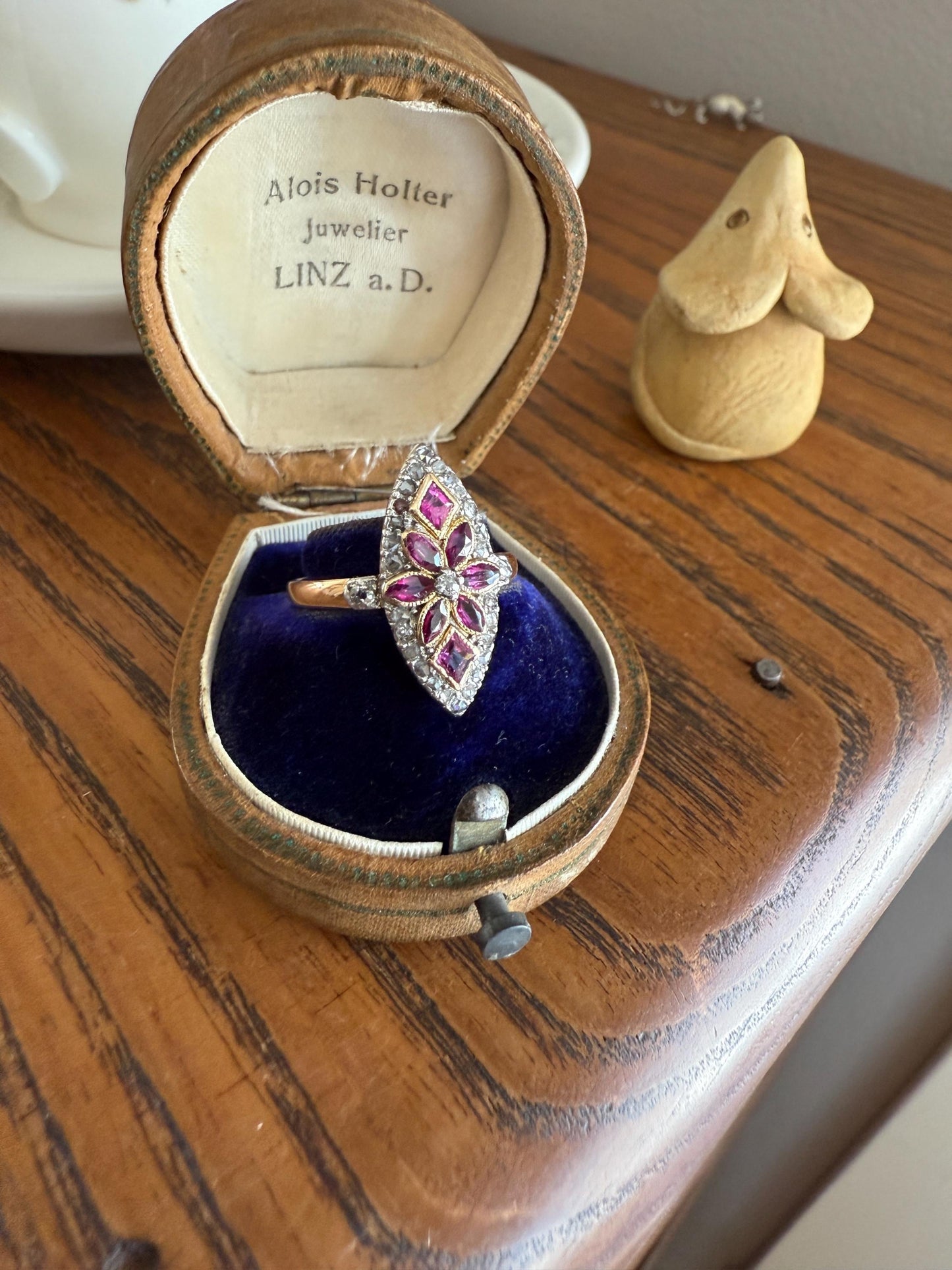 Floral Starburst Art NOUVEAU Antique FRENCH Rose Cut Diamond RUBY Sapphire Navette Ring 18k Gold PLATiNUM Belle Epoque Pink
