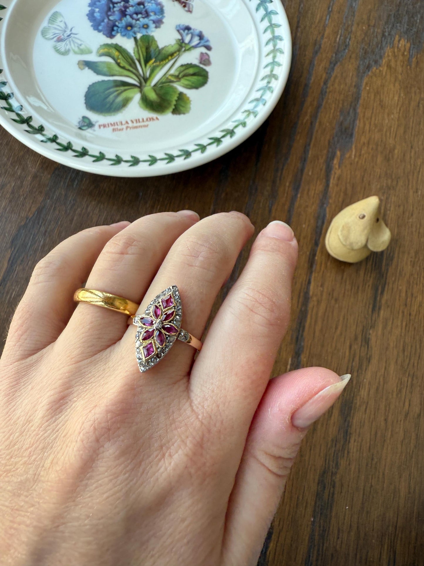 Floral Starburst Art NOUVEAU Antique FRENCH Rose Cut Diamond RUBY Sapphire Navette Ring 18k Gold PLATiNUM Belle Epoque Pink
