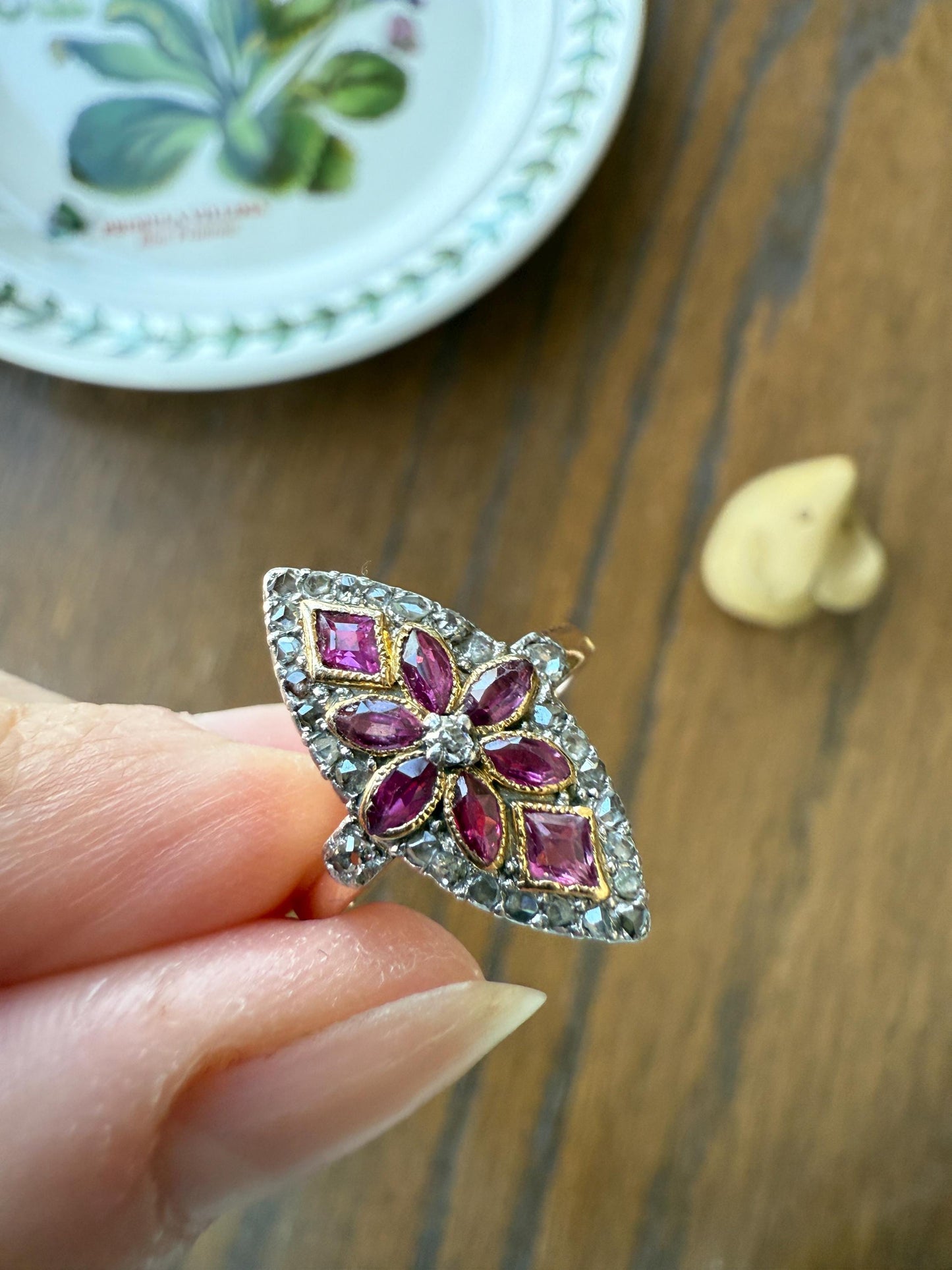 Floral Starburst Art NOUVEAU Antique FRENCH Rose Cut Diamond RUBY Sapphire Navette Ring 18k Gold PLATiNUM Belle Epoque Pink
