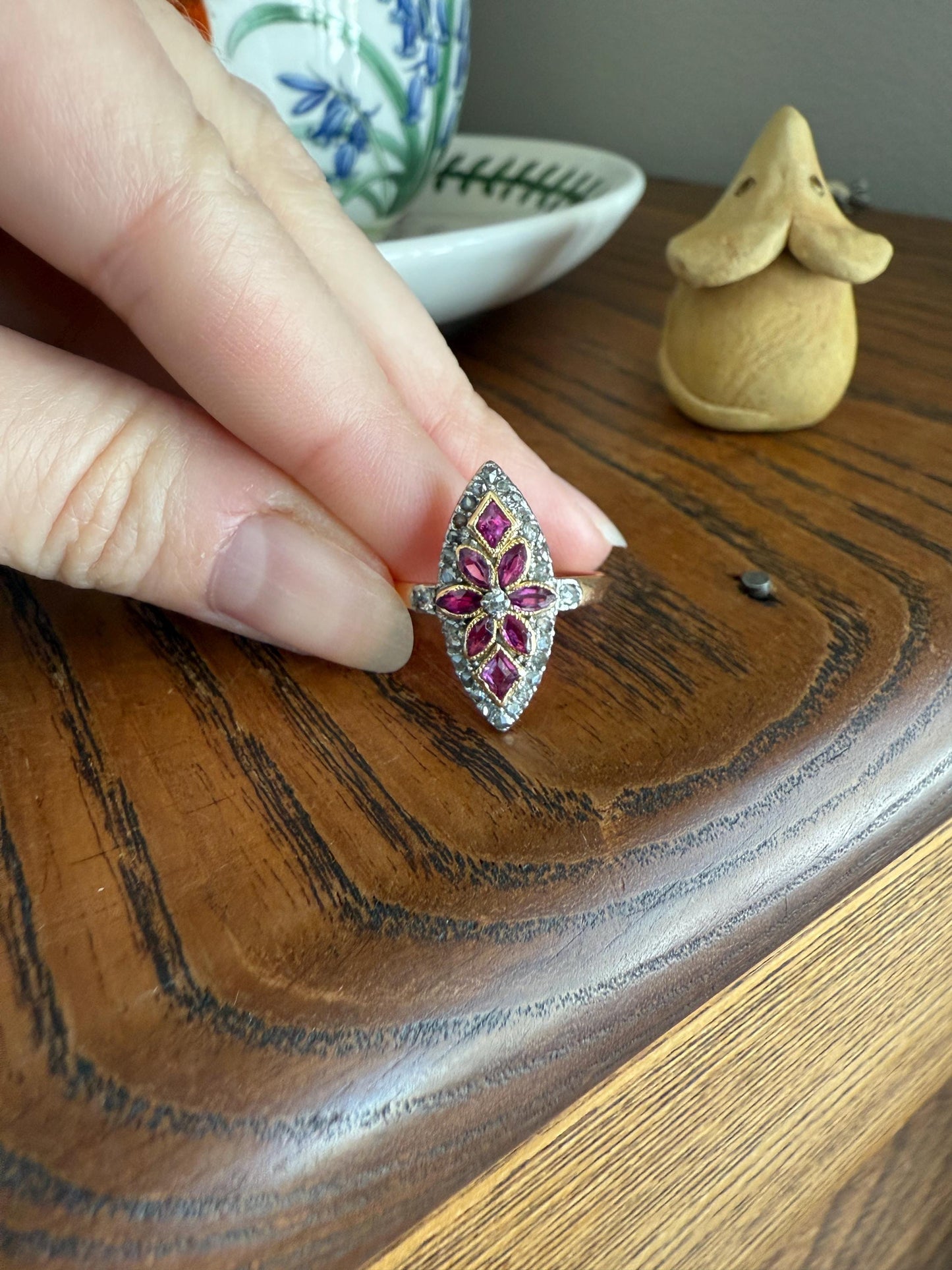 Floral Starburst Art NOUVEAU Antique FRENCH Rose Cut Diamond RUBY Sapphire Navette Ring 18k Gold PLATiNUM Belle Epoque Pink