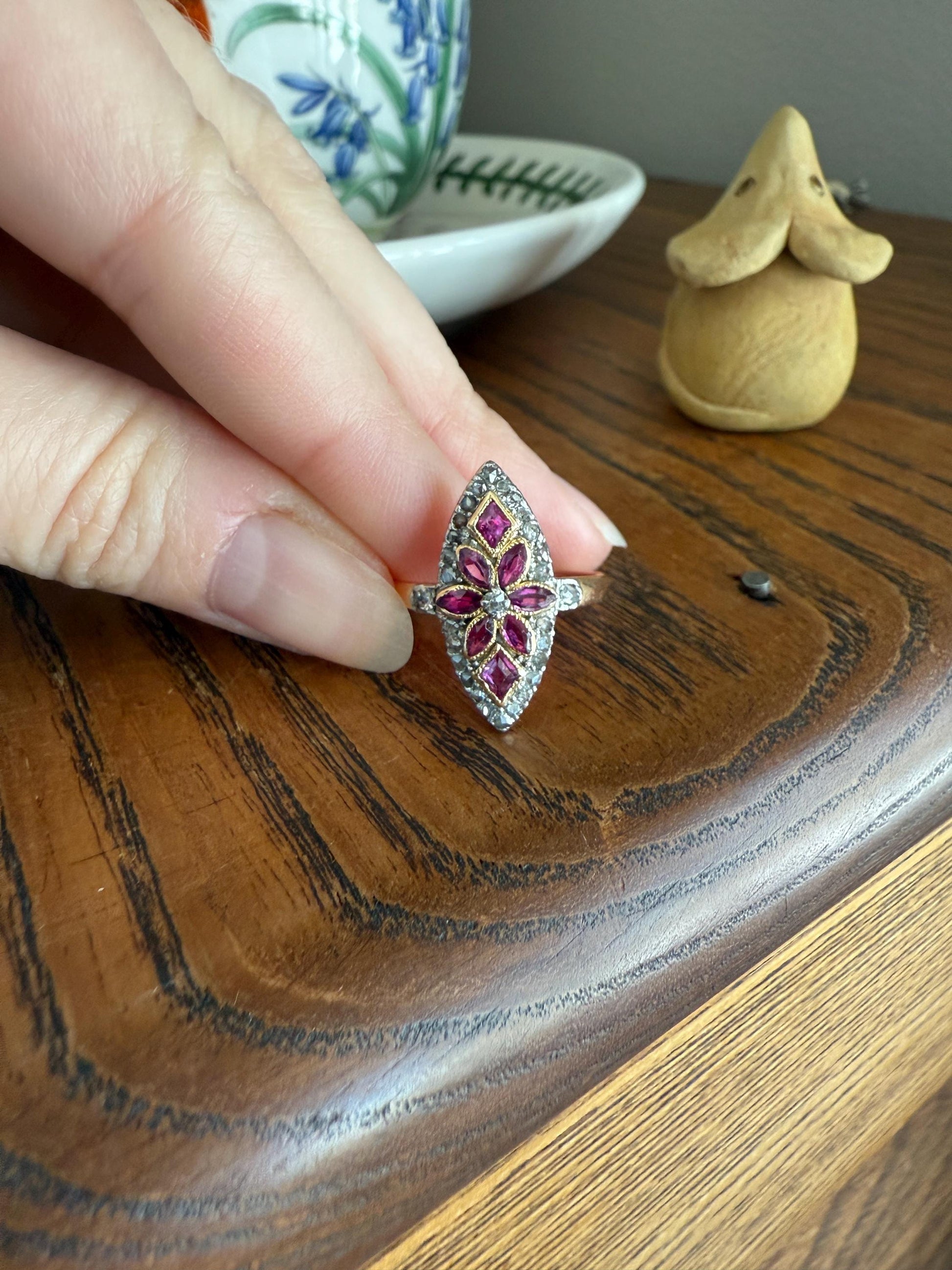 Floral Starburst Art NOUVEAU Antique FRENCH Rose Cut Diamond RUBY Sapphire Navette Ring 18k Gold PLATiNUM Belle Epoque Pink