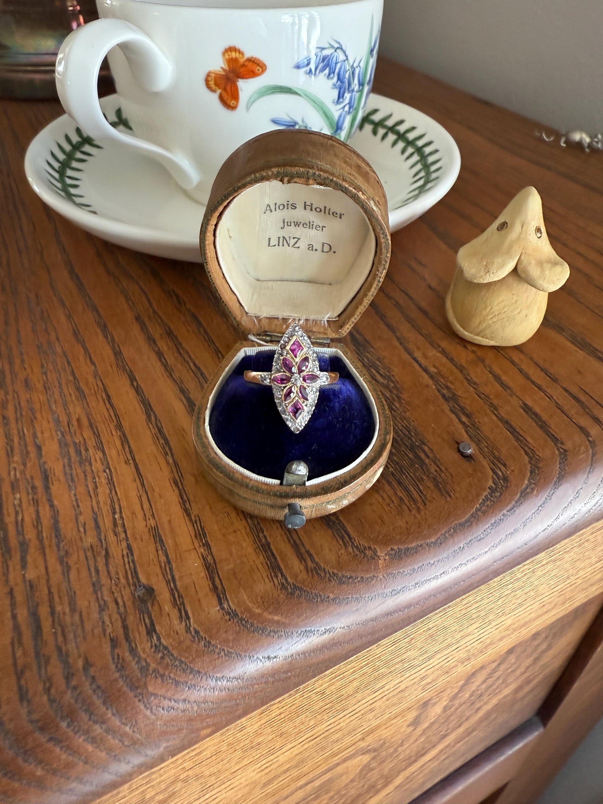 Floral Starburst Art NOUVEAU Antique FRENCH Rose Cut Diamond RUBY Sapphire Navette Ring 18k Gold PLATiNUM Belle Epoque Pink